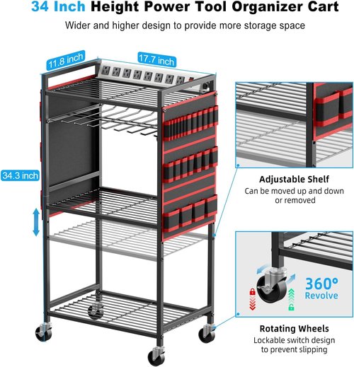 JUNNUJ Power Tool Organizer Cart - Heavy-Duty Rolling Storage with Charging Station & 8 Outlet Power Strip - Red