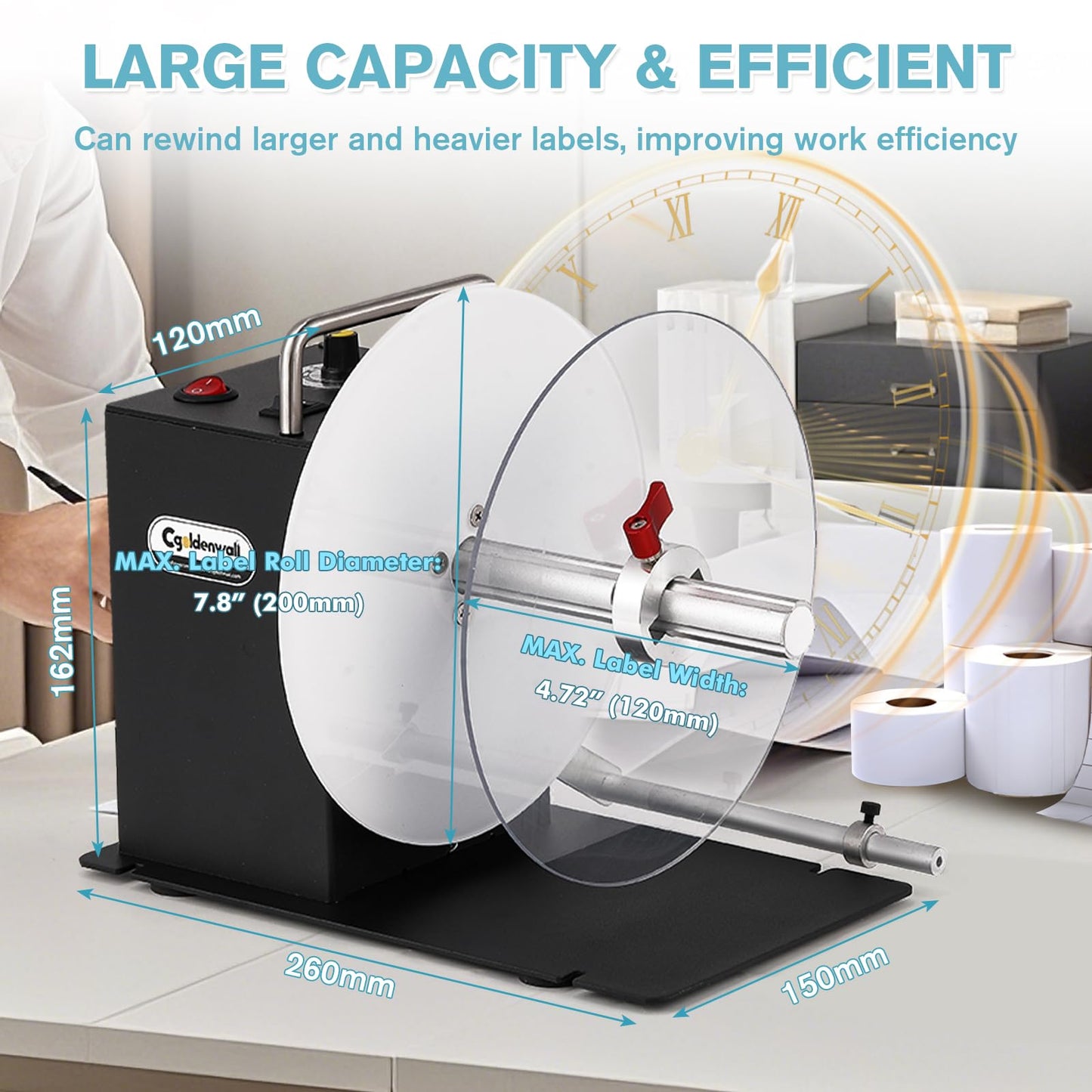 CGOLDENWALL Automatic Label Rewinder Machine, Bidirectional Rewinding, Corefree/1"/1.5"/3" Core, Max Label Diameter 7.8" Width 4.7", Speed Adjustable, Auto-sync with Printers, 100V-240V