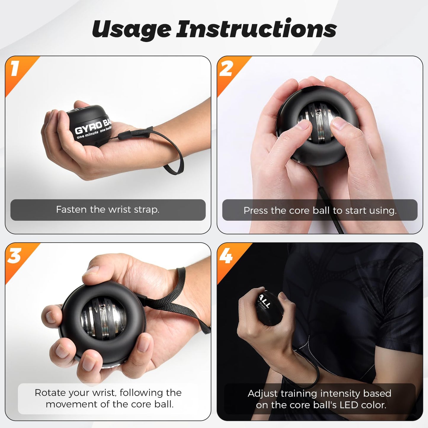 BeSokar Gyroball - Matte Black Case & Forearm Trainer, 5-Level Adjustable Resistance with LED Lights, Matte Black Gyroscopic Power Ball for Grip & Arm Strength