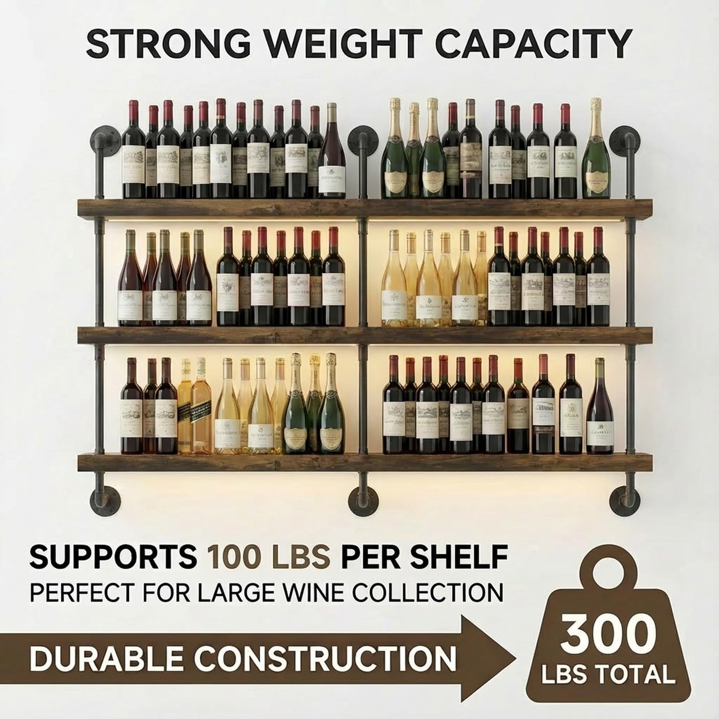 Woskar 3-Tier Wall Mounted Wine Rack, Industrial Pipe Bar Shelf for Wine Bottle Storage, Industrial Pipe Shelves Shelf Shelving for Home Bar Dining Room Kitchen (47.2" W x 47.2" H)