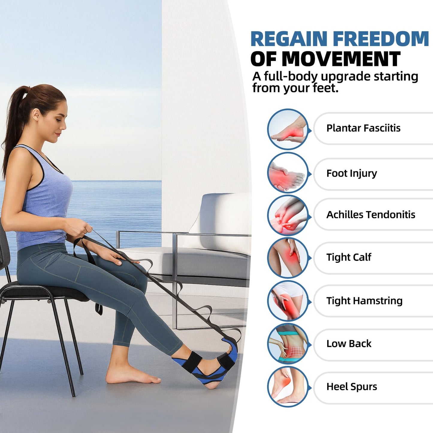 comness Foot and Calf Stretcher Stretching Strap For Plantar Fasciitis, Heel Spurs, Foot Drop, Achilles Tendonitis & Hamstring. Yoga & Leg Stretch Strap. (Blue)