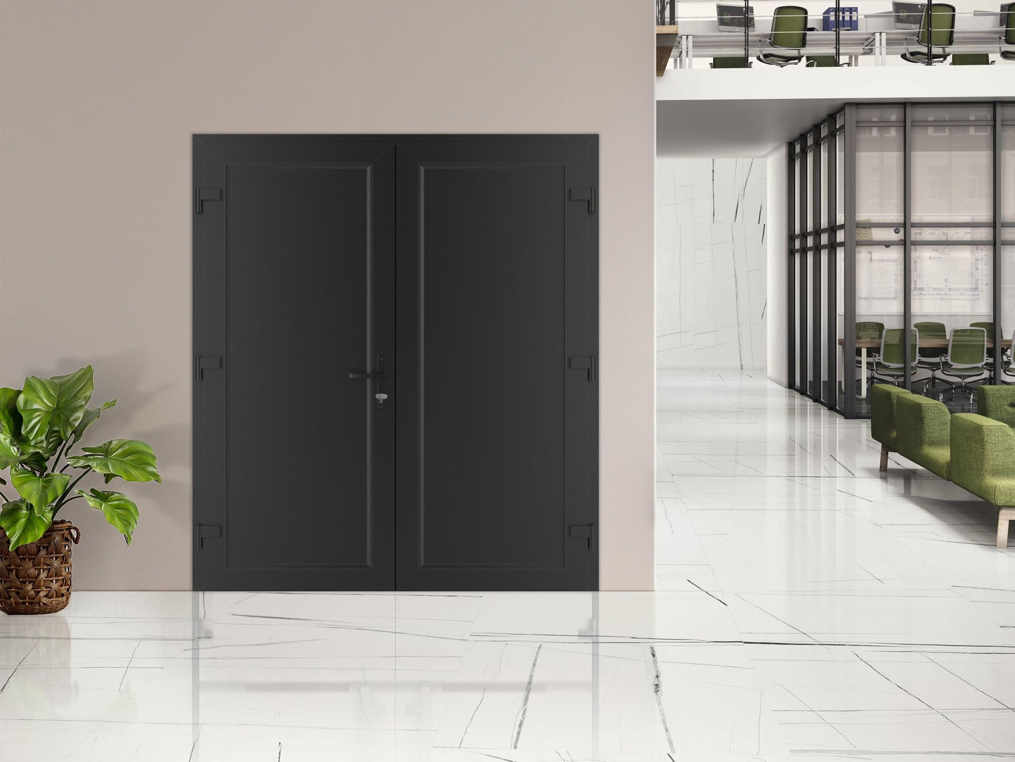 VDOMDOORS Front Exterior Prehung Metal-Plastic Double Doors/MANUX 8111 Matte Black/Residential Doors Entrance Patio Garage 72 x 80