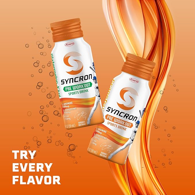Syncron Pre Workout Sports Drink Endorsed by Shohei Ohtani, Aluminum Bottled, Sugar Free Pre Workout with L Arginine, L Citrulline & BCAAs for Athletes & Training, Watermelon Kiwi, 6 Pack, 2 oz