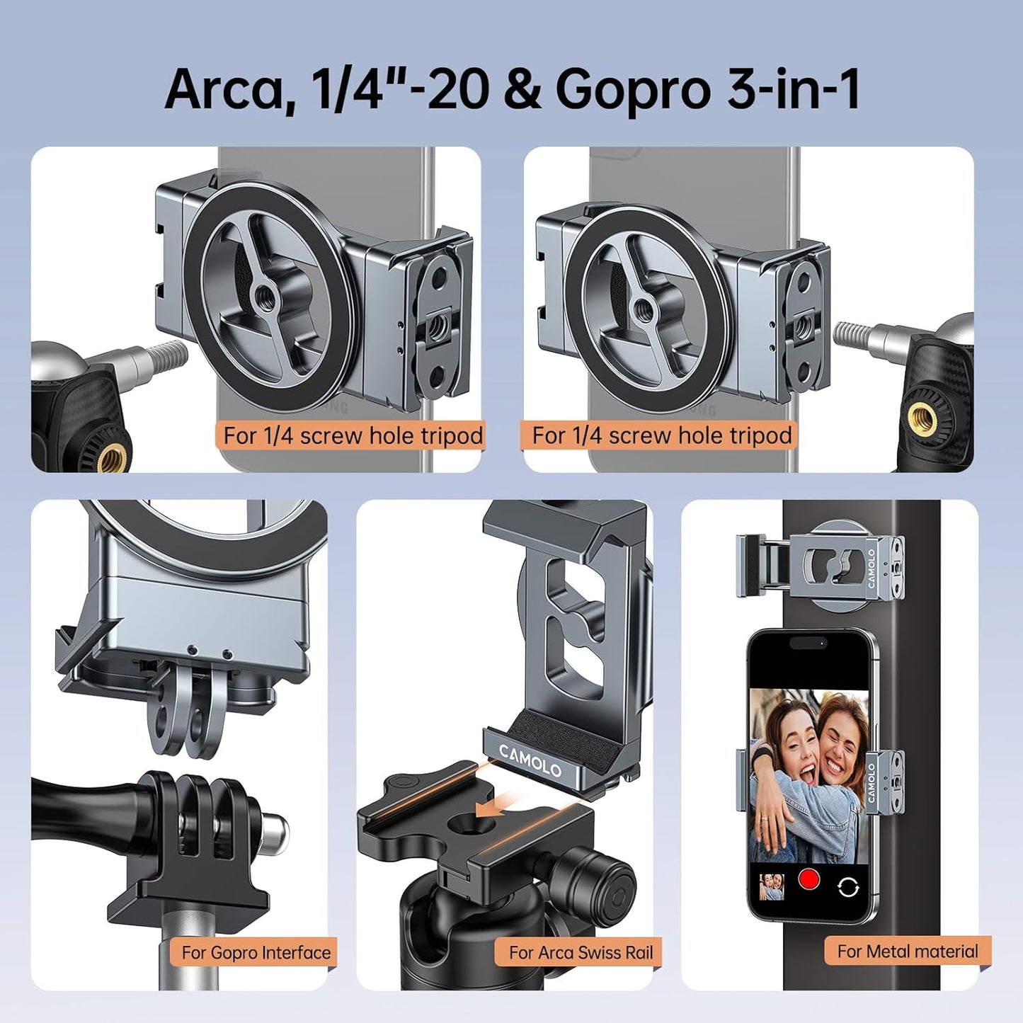 CAMOLO GEEK 1/4"-20 16 Metal Phone Tripod Mount with Arca Port & Magnetic Action Camera Adapter, Adjustable Smartphone