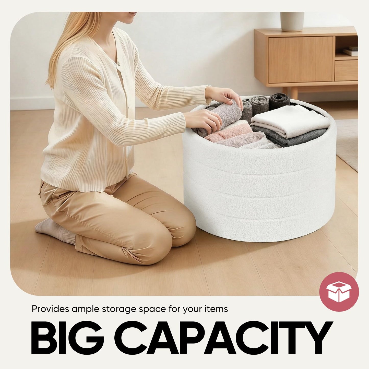 CAIPINFUL 22" Round Storage Ottoman,Boucle Sherpa Ottoman with Tray, Faux Teddy Foot Rest Coffee Table for Bedroom Dorm Living Room,White