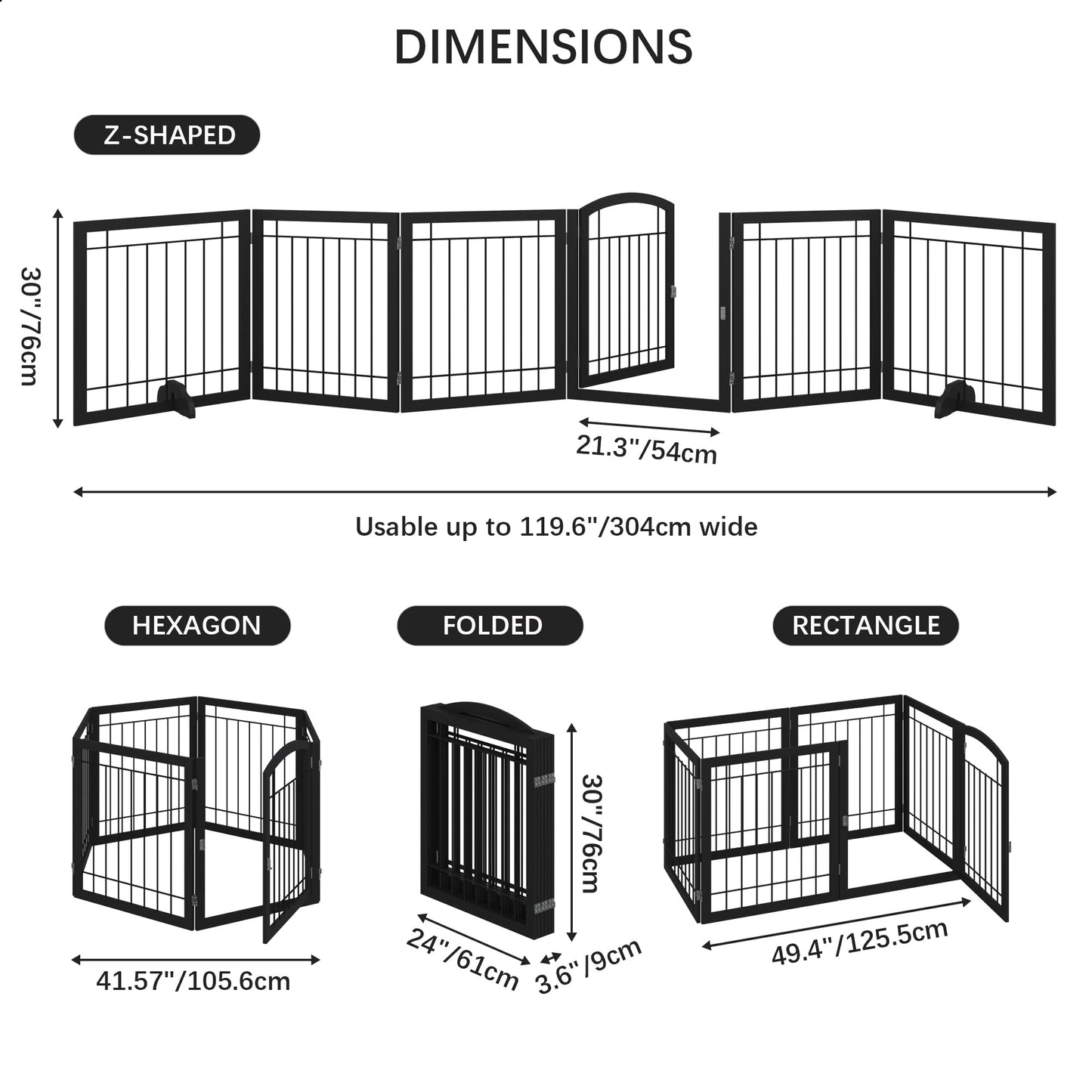 JSB 144-inch Extra Wide 30-inch Tall Dog gate with Door Walk Through, Freestanding Pet Gate for Halls, Stairs & Home, Pet Puppy Safety Dog Fence with 2PCS Support Feet (Black)