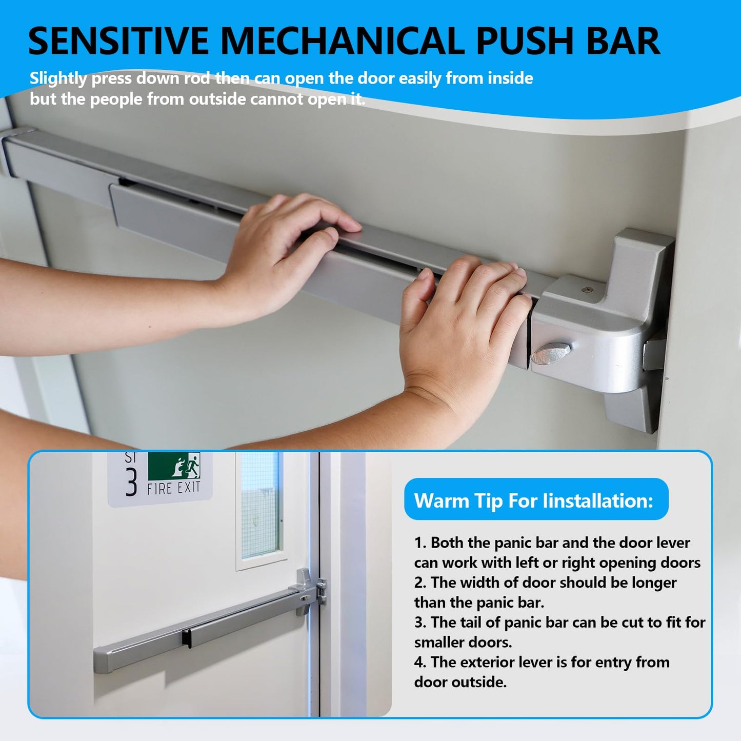 Commercial Door Push Bar Panic Exit Device with Exterior Lever - 31.5”/80cm Stainless Steel Panic Bars for Exit Doors, Emergency Exit Panic Door Hardware for 32”-48” Wood Metal Door, Silver