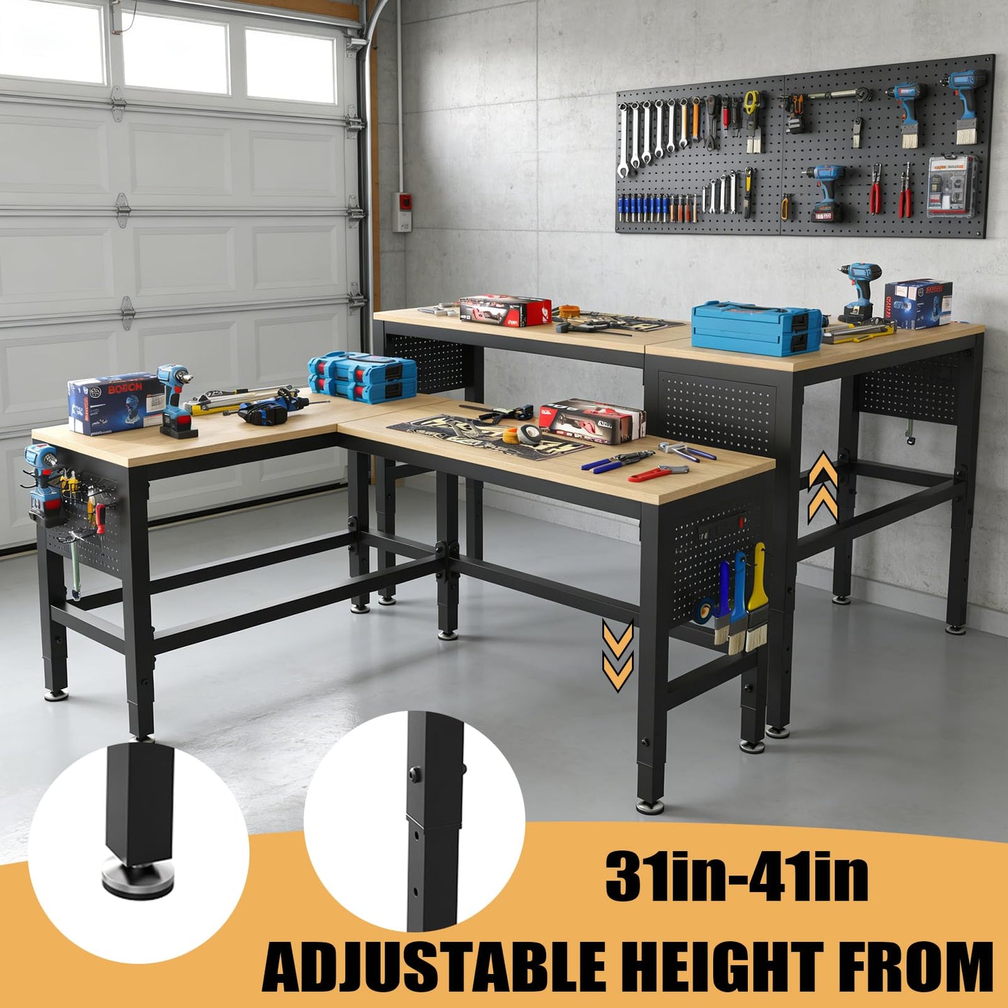 64" Heavy Duty L-Shaped Workbench with Power Outlets & Pegboard - 2000 LBS Capacity Adjustable Height Work Table for Garage, Workshop, Crafting - Matte Black & Hardwood (64"x48")