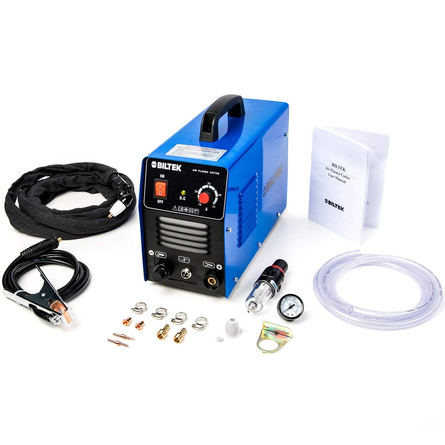 Biltek 50Amp Non-Pilot Arc Plasma Cutter, Dual Voltage 110V/220V with Pre-Attached 110V US Plug, 1/2 Inch Cut, Blue