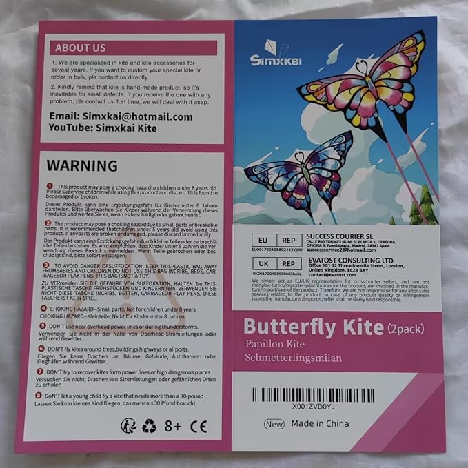 Simxkai Butterfly Kite for Kids & Adults, Easy to Fly Blue Big Kite for Beginners, Line Handle Included (1Pack 2Pack)