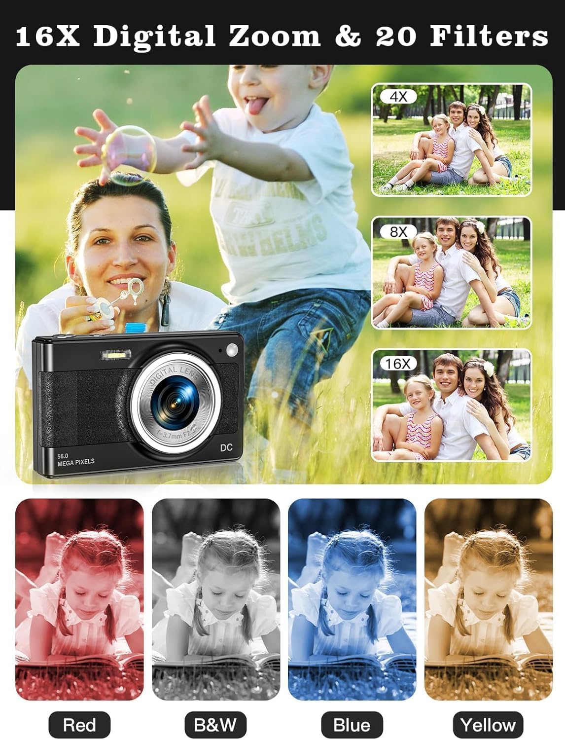 Fleafer 56MP 1080P 16x 32GB Upgrade Digital Camera, FHD for Kids with Zoom Anti Shake, TF Card, Two Batteries, Lanyard