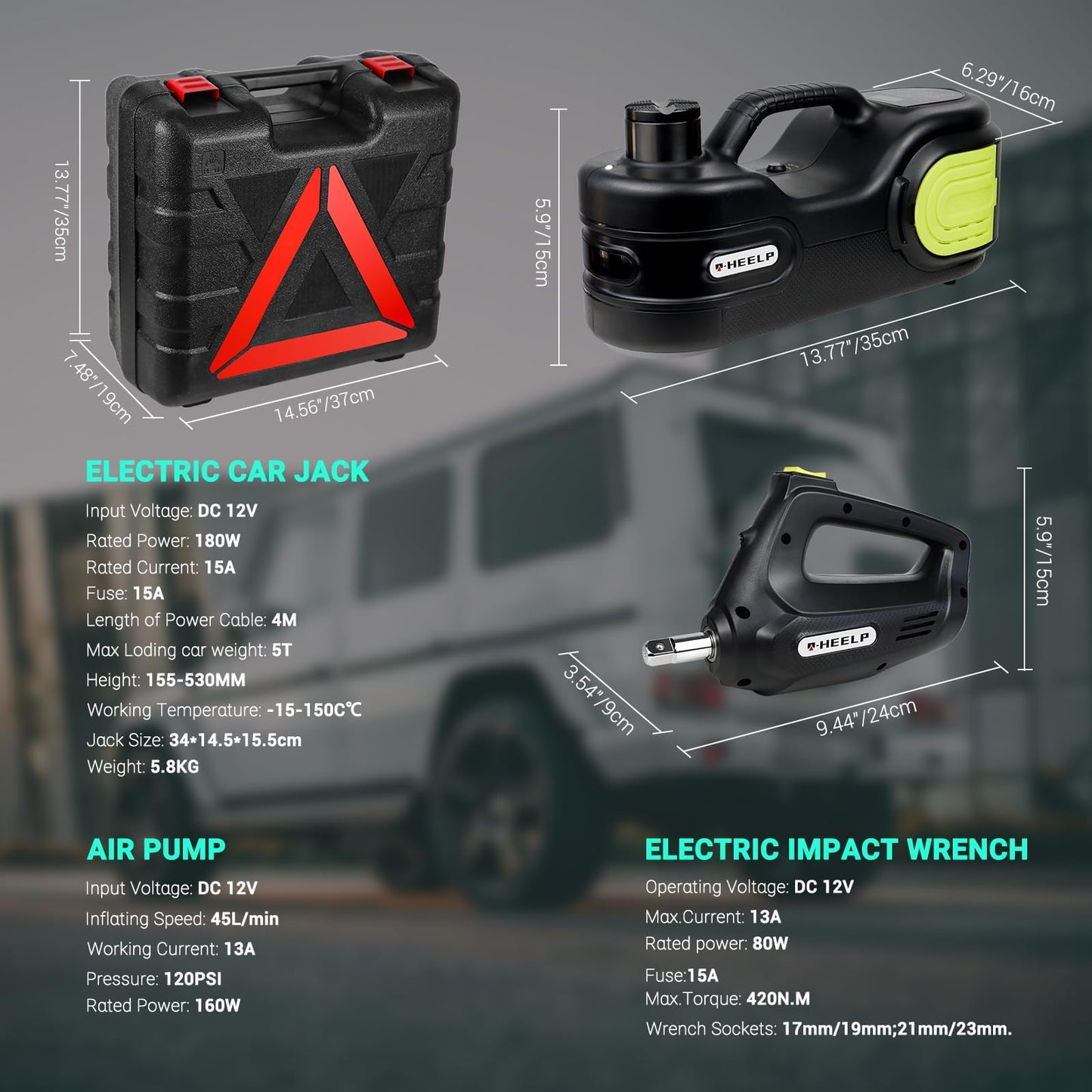 E-HEELP Electric Car Jack Kit 5T 12V Hydraulic Tire Jack with Double Cylinder Air Pump & LCD Touch Screen & Impact Wrench Portable Car Lift for Tire Changes and Roadside Emergencies