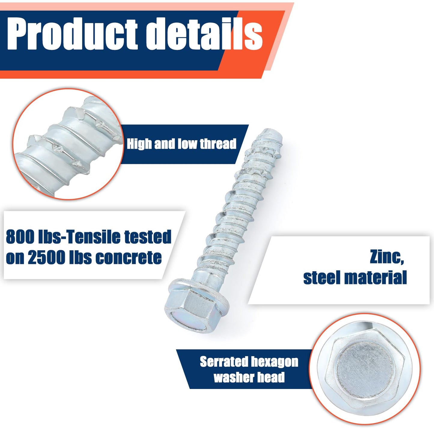 Tandefio 80 Pack 1/2" x 3" Concrete Screw Anchor Galvanized Large Diameter Heavy Duty Plated Concrete Anchors for Masonry Brick Anchoring Block Decking Framing Hex Drive