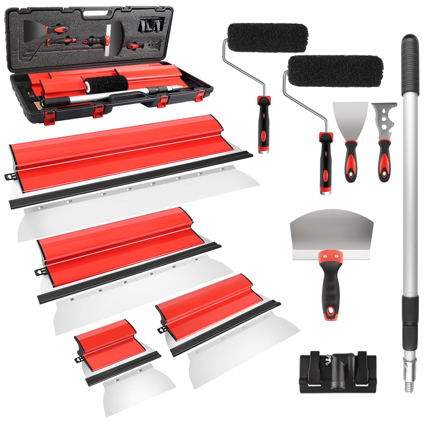 suokoun Drywall Skimming Blade Set with Case, 10/16/24/32inch Stainless Steel Skimming Blades, 7/9inch Compound Rollers, 28"-62" Extension Handle, Putty Knives Arc Scraper for Wallboard