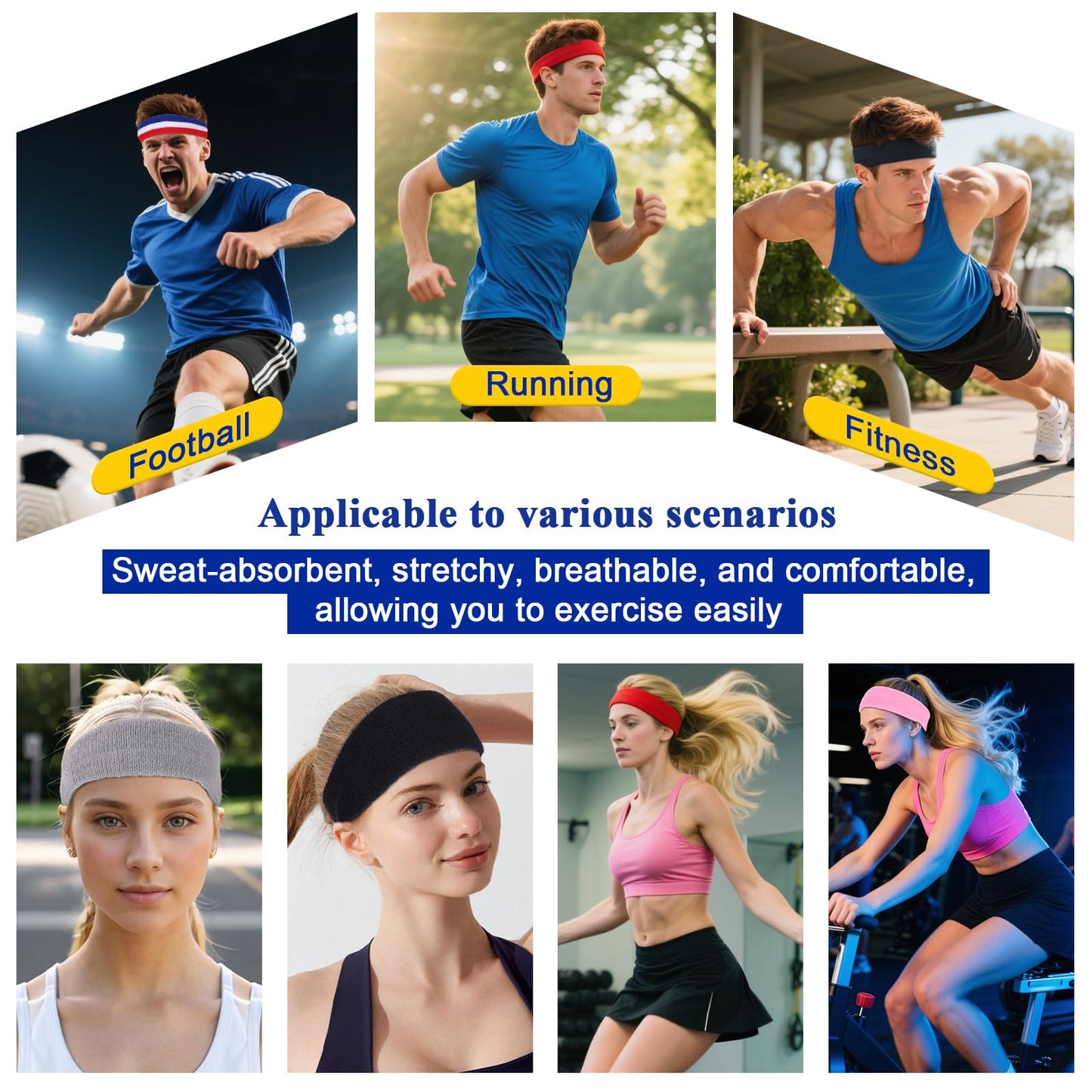 Sweatbands Sports Headbands for Men & Women Terry Cloth Moisture Wicking Cotton Sports Sweatband for Working Out, Athletic Exercise, Basketball, Football, Cycling (Gray)