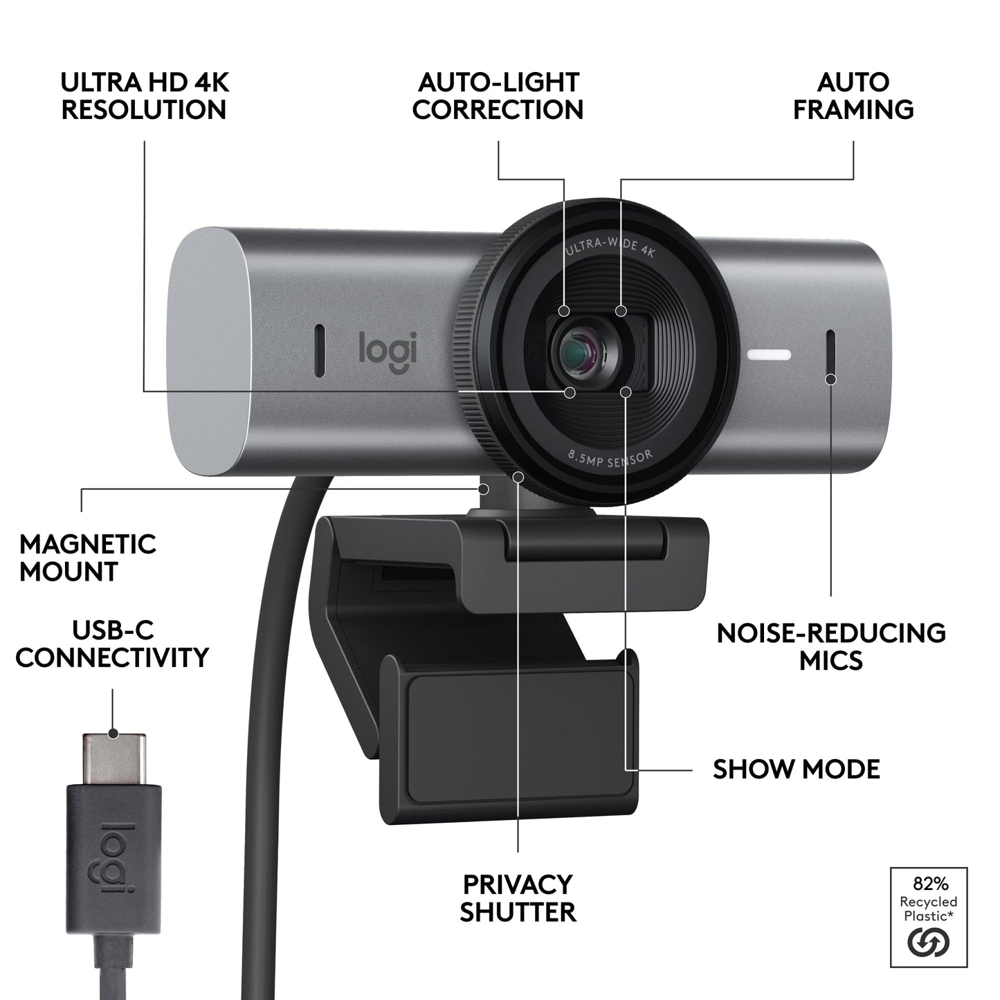 Logitech MX Brio Ultra HD 4K Webcam for Collaboration and Streaming, 1080p 60 FPS, Show Mode, Works with Microsoft Teams, Zoom, Google Meet, Nintendo Switch 2, Graphite