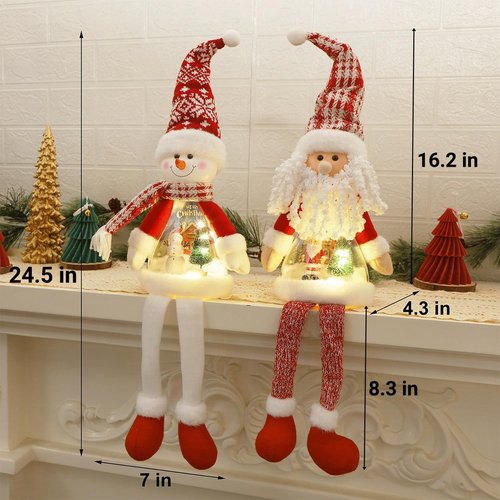 Juegoal Lighted Christmas Santa & Snowman Figurines - 24" Handmade Tabletop Ornaments with Miniature Scenes