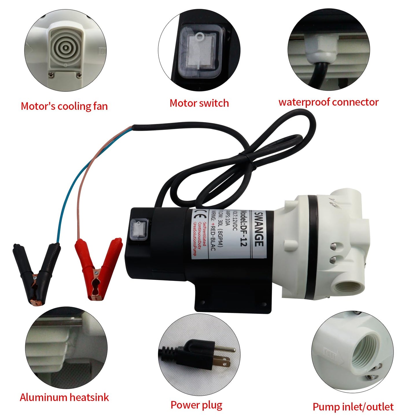SWANGET DC12V DEF Transfer Pump for Diesel Exhaust Fluid (DEF) Drum Compatible Power Cord Diaphragm Irrigation Self priming Electric water pump 10.6 GPM 23PSI, 14.3lb, Lift 11m, Power 350W