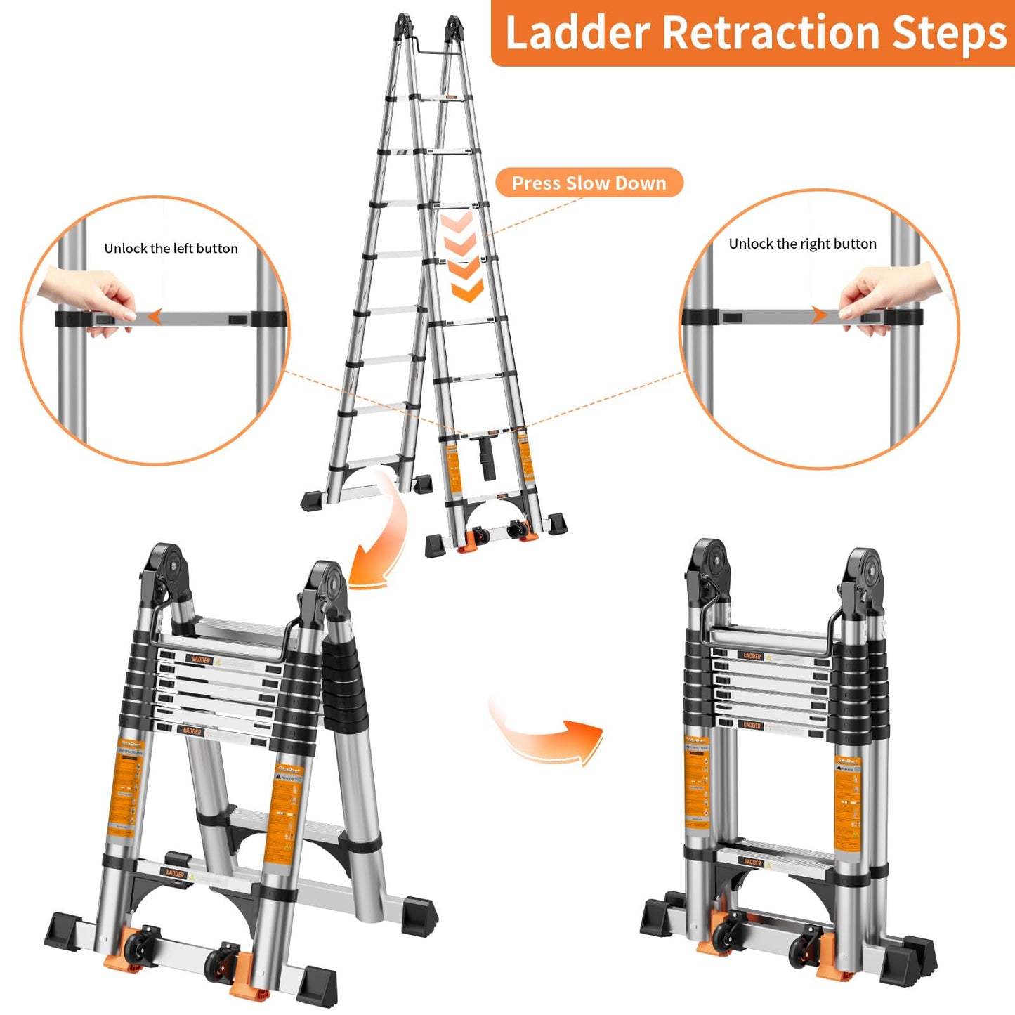 Telescoping Ladder A Frame,Telescopic Ladder for Home, Roof, RV，12.5 Ft Aluminum Extension Ladder with Balance Bar,Wheels and 2 Triangle Stabilizers，330 lb Capacity (12.5FT-A Frame PRO)