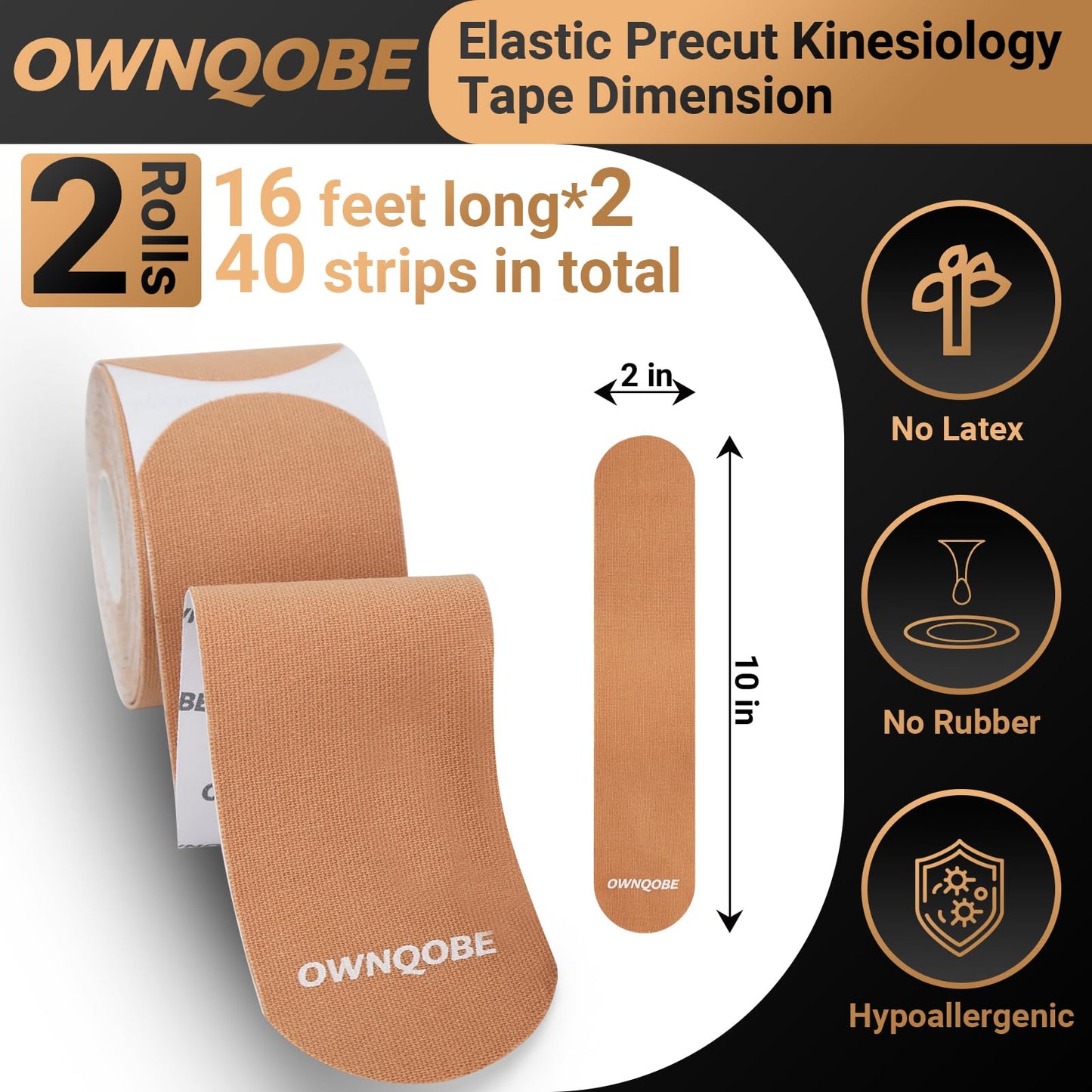 OWNQOBE Kinesiology Tape Precut (2 Rolls, 40 Strips) –Waterproof, Latex-Free Hypoallergenic Athletic Tape for Muscle & Joint Support –Breathable Elastic Sports Tape for Recovery & Shoulder Pain Beige