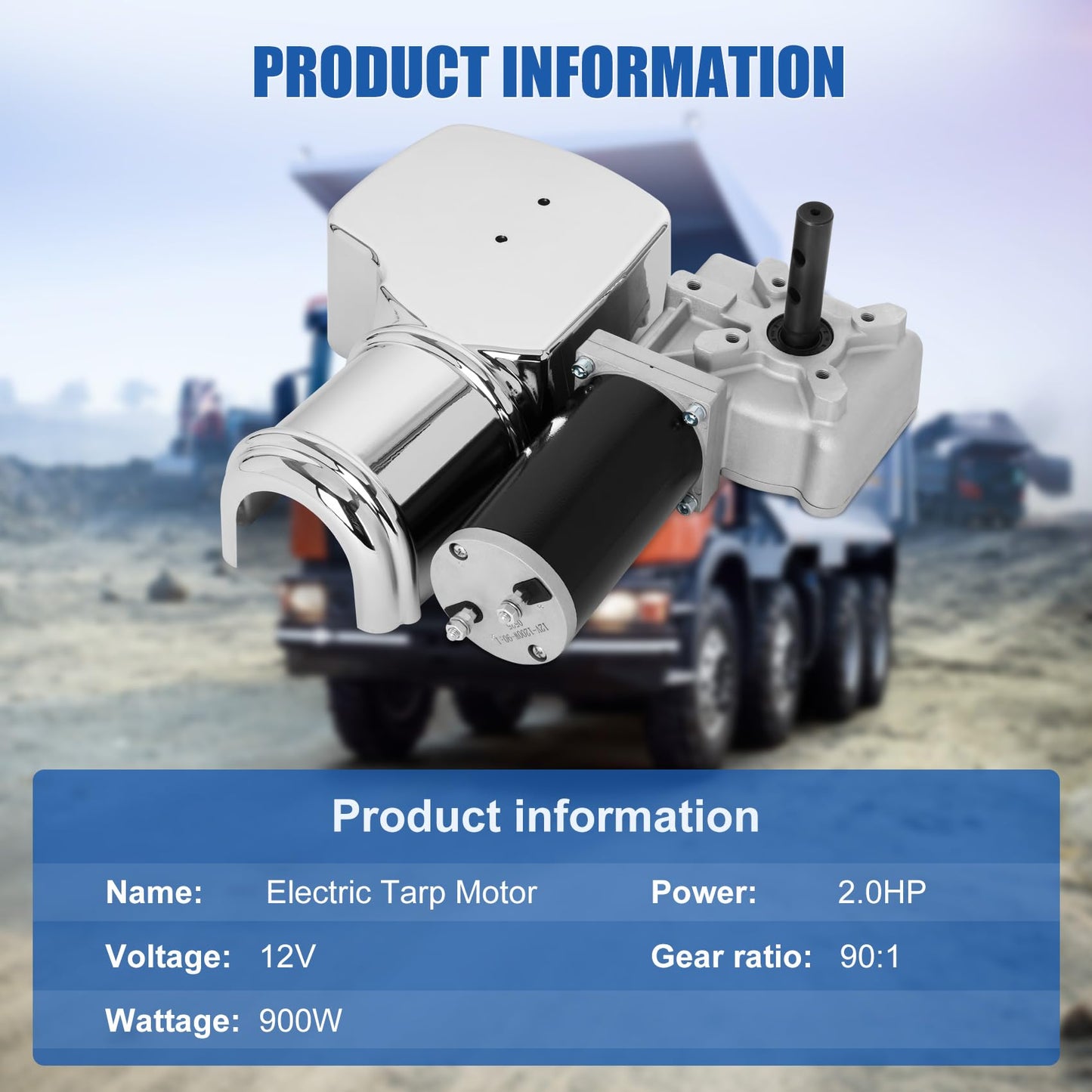 12V 2.0 HP 90:1 900 Watt Dump Truck Roll Tarp Motor with Chrome Cover,Universal Replacement Dump Truck Trailer Tarp Motor, fit for Transport Trucks, Heavy Trucks(1 Year War/y)
