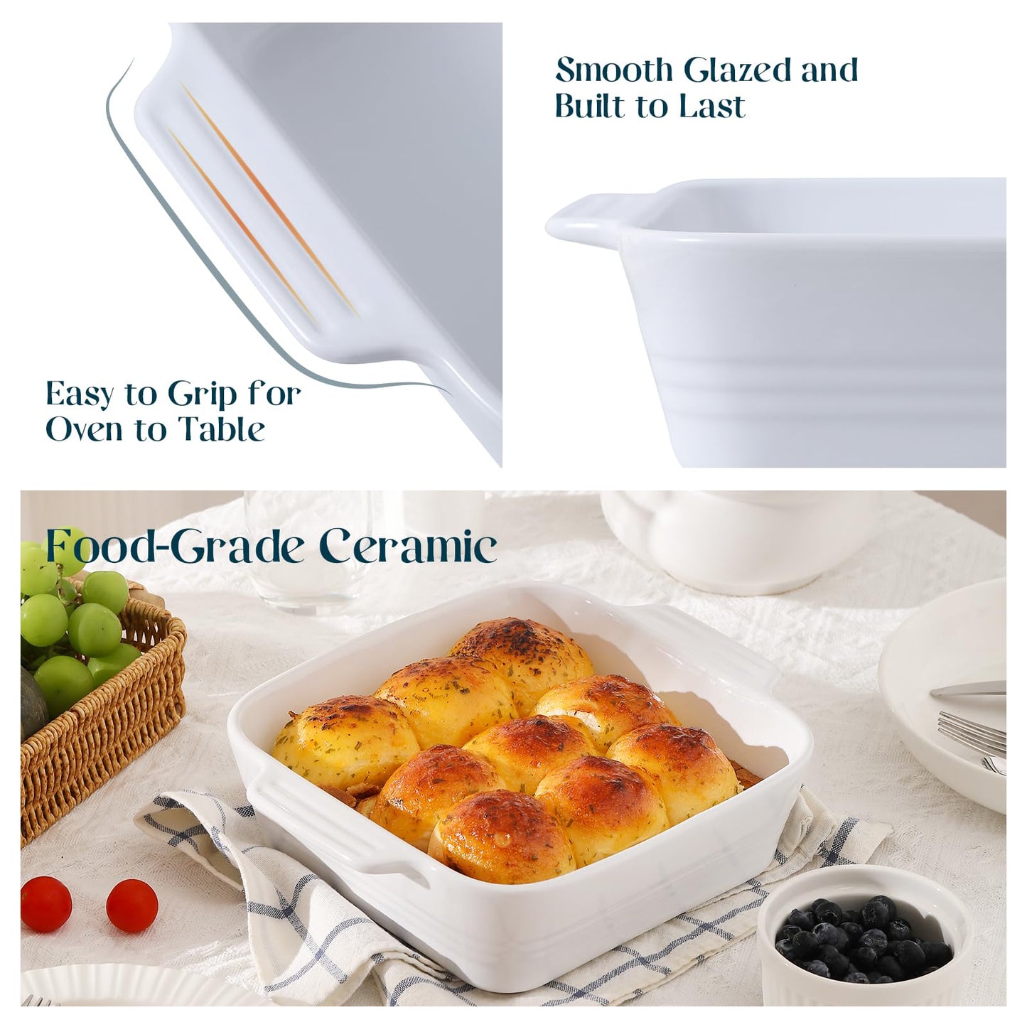 DOWAN 8x8 Baking dish, Square Baking Pan, Ceramic Casserole Dishes for Oven, Cake Pan with Handle, for Brownie, Lasagna, Casserole, 2 Quart, Home Gift, Bright White