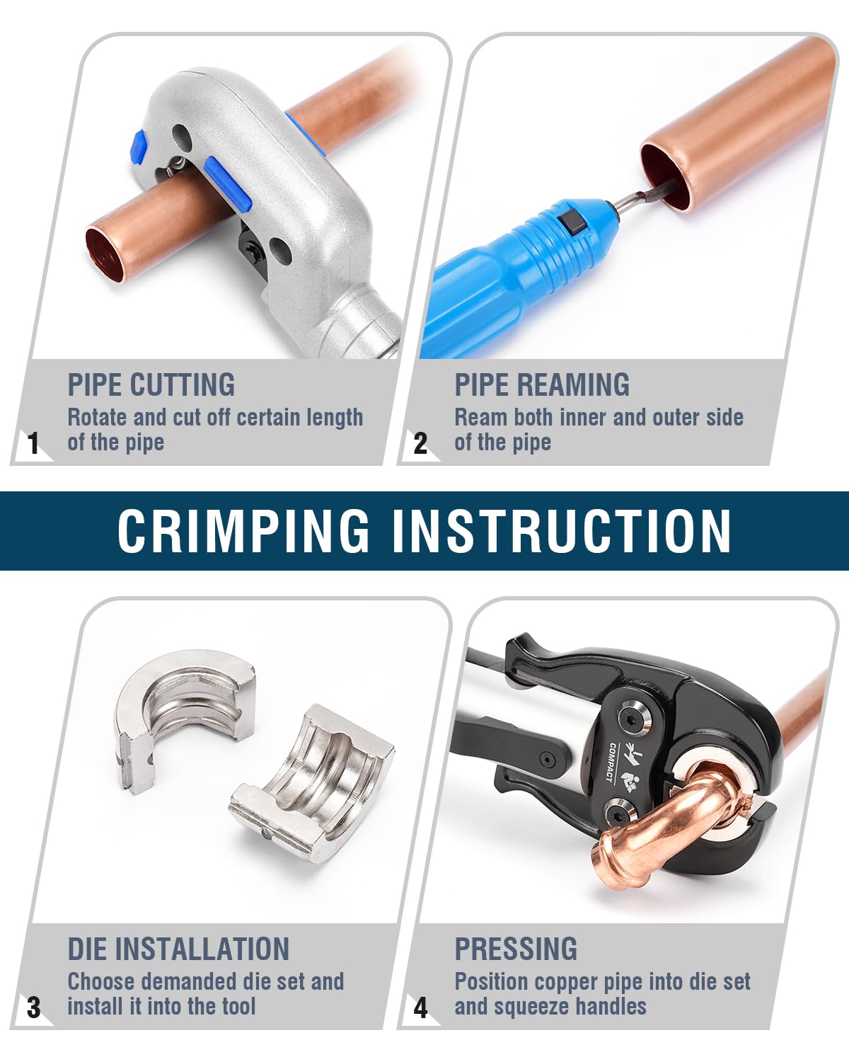 CHANHYD Hydraulic Copper pipe Crimping tool with 1/2 inch,3/4 inch and 1 inch Jaw Copper Pipe Propress Crimpers Pressing Pliers,Copper Tube Fittings pipe Crimpers for Narrow Space and Tee Fittings