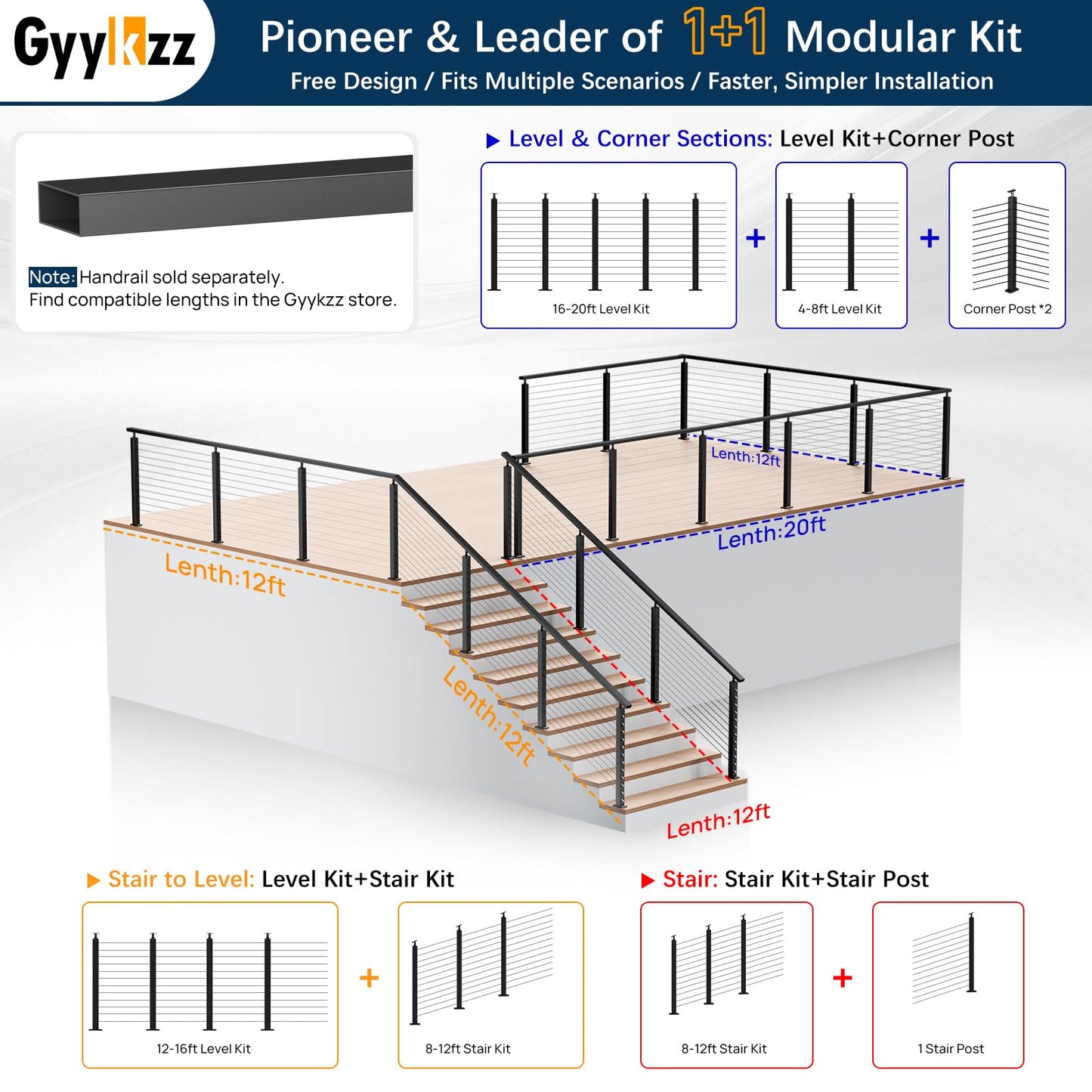 Gyykzz 42" Modular Cable Railing Post Kits 4 Pack, Adjustable Top Level Drilled Deck Post, Cable Railing System Including 4 Railing Post, 197ft Cable, 24 Terminal, 96 Cable Grommets (No Handrail)