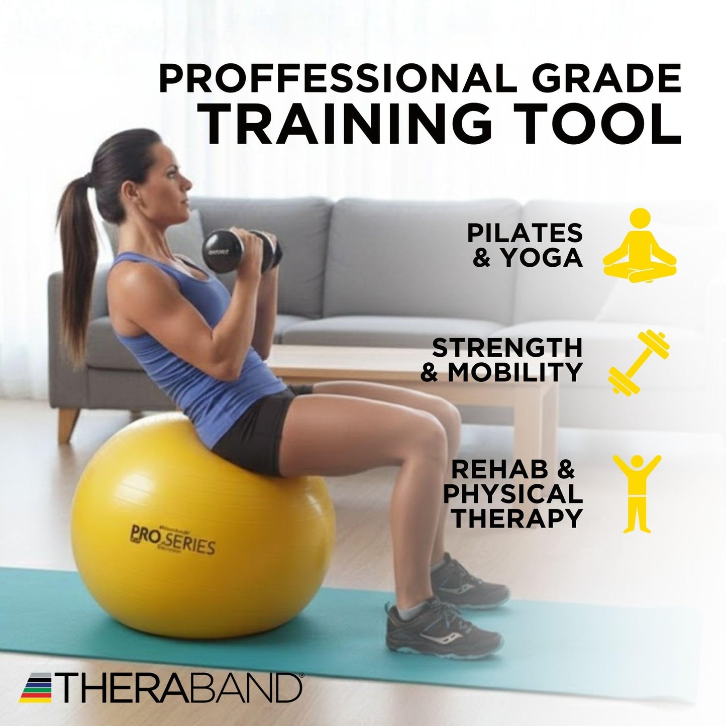 THERABAND Standard Exercise Ball, 18" Yellow Stability Trainer for 4'7"–5' Users, Yoga & Pilates Ball, Balance & Core Trainer, For Athletes Fitness at Gym & Home