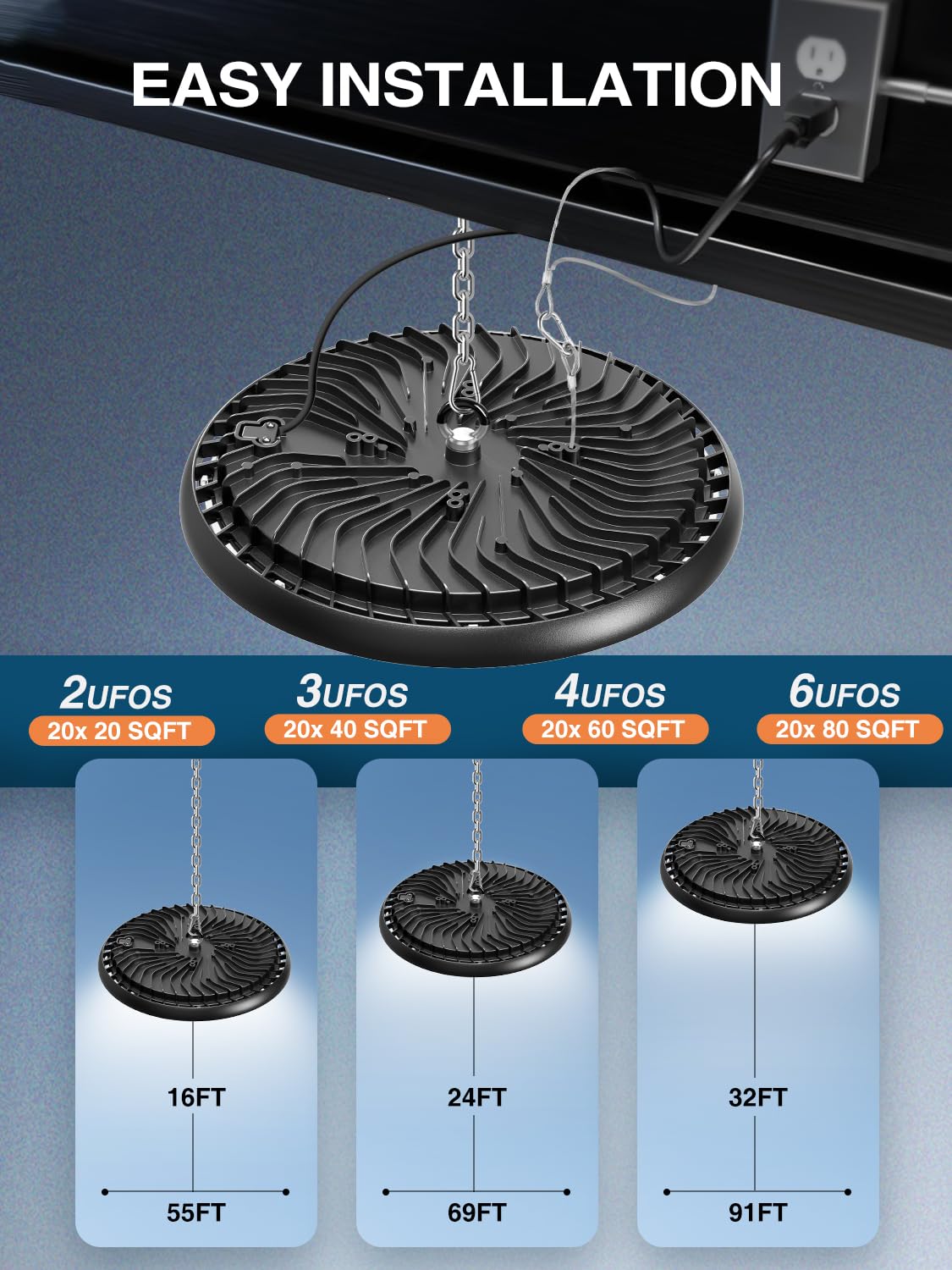 New Super Bright Ultra-Thin 200w High Bay Led Shop Lights| 30000LM 5000K UFO Led High Bay Light with 5ft Cable Hook Safe Rope| Shop&Garage Lighting Lights for Factory Workshop Warehouse Garage Barn