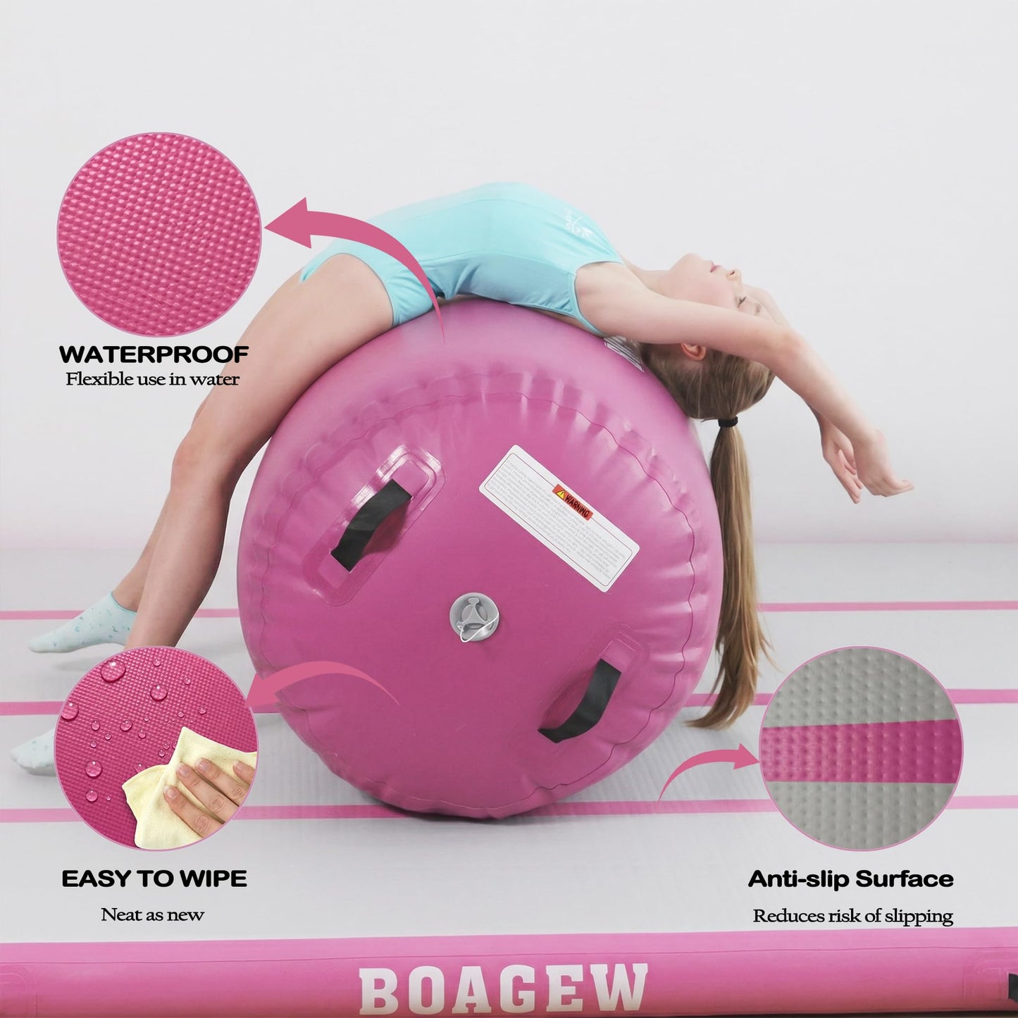 BOAGEW Gymnastics Mat,Air Roller Gymnastics Barrel,Gymnastics Tumble Track Air Track Tumbling Mat for Home Training/ Cheerleading/Gym/Training/Yoga/Beach/Water/Park Outdoor Use with Electric Air Pump ﻿