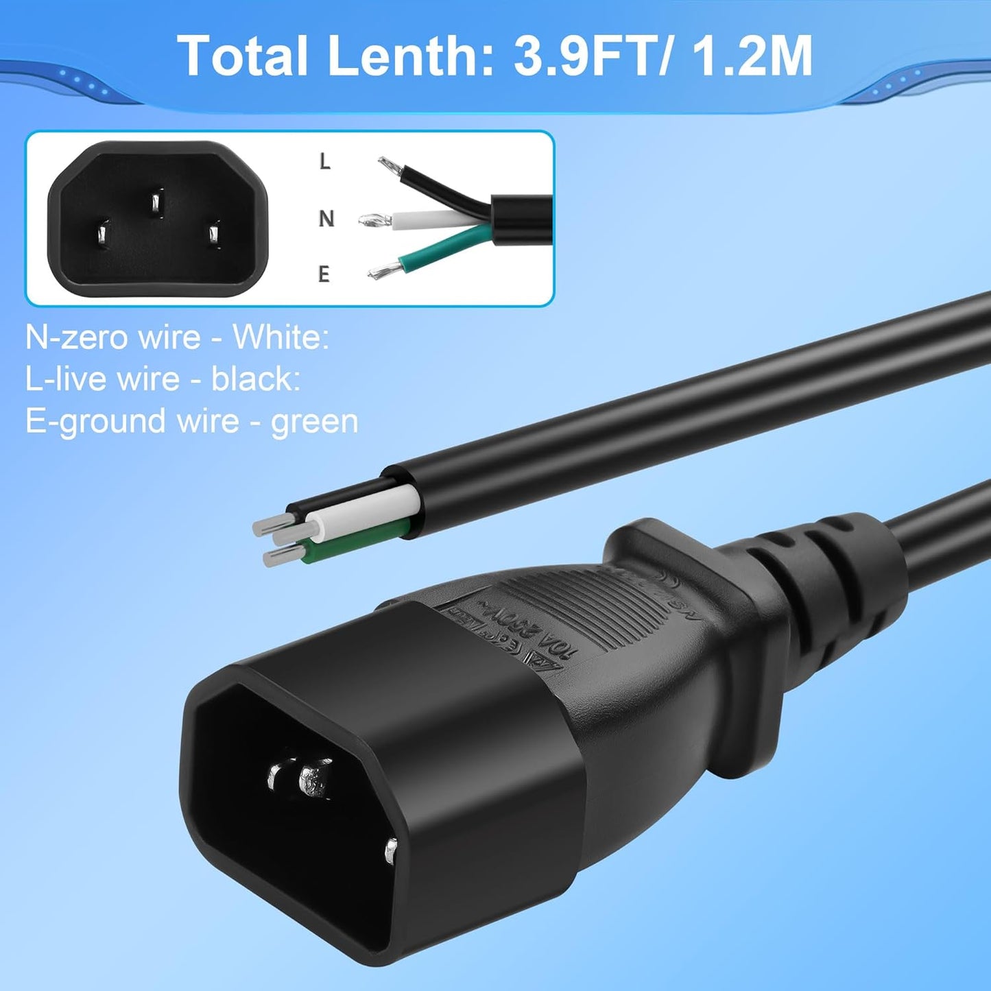 CERRXIAN 3.9FT 320 C14 3 16AWG C14 IEC Male Pin with Open Wiring Stripped, Heavy Duty Replacement to Bare Wire Power