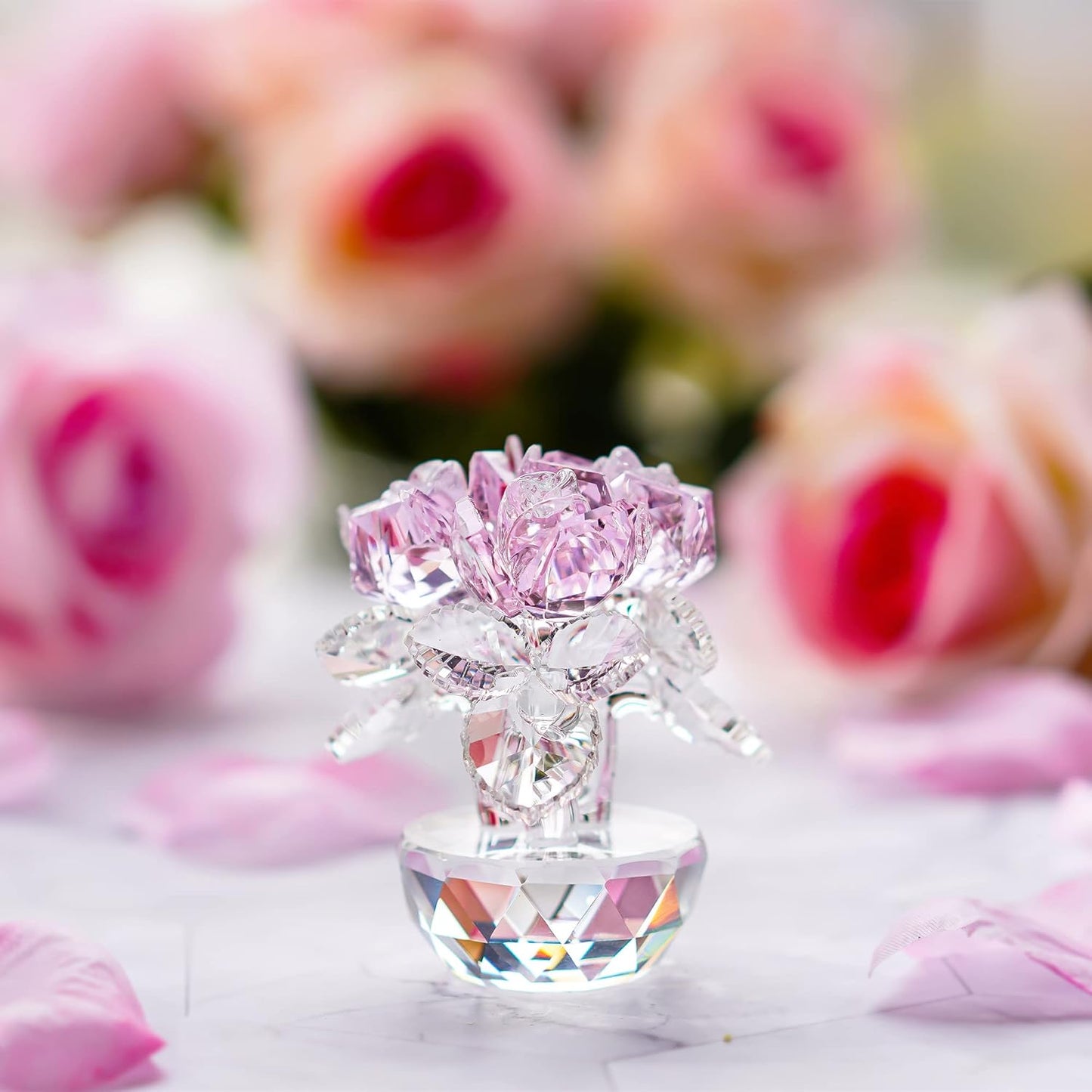 QFkris Pink Crystal Rose Bouquet - Elegant Glass Flower Figurine | 2.8" Home Decor Ornament for Women