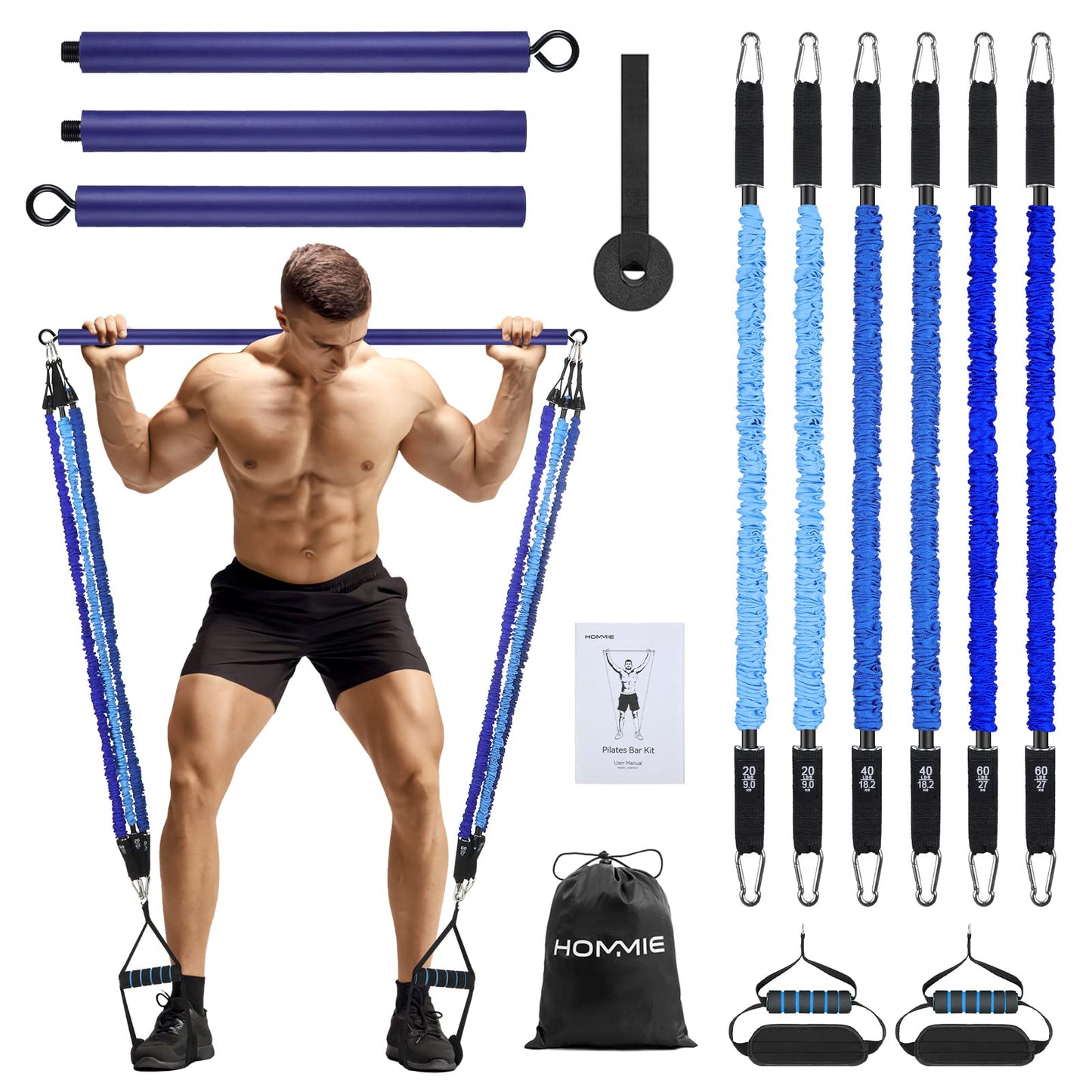Hommie Portable Pilates Bar Kit with Resistance Bands for Men and Women，Upgraded 3 Section Pilates Bar with Resistance Bands (20/40/60lb) for Home Gym Equipment Supports Full-Body Workouts