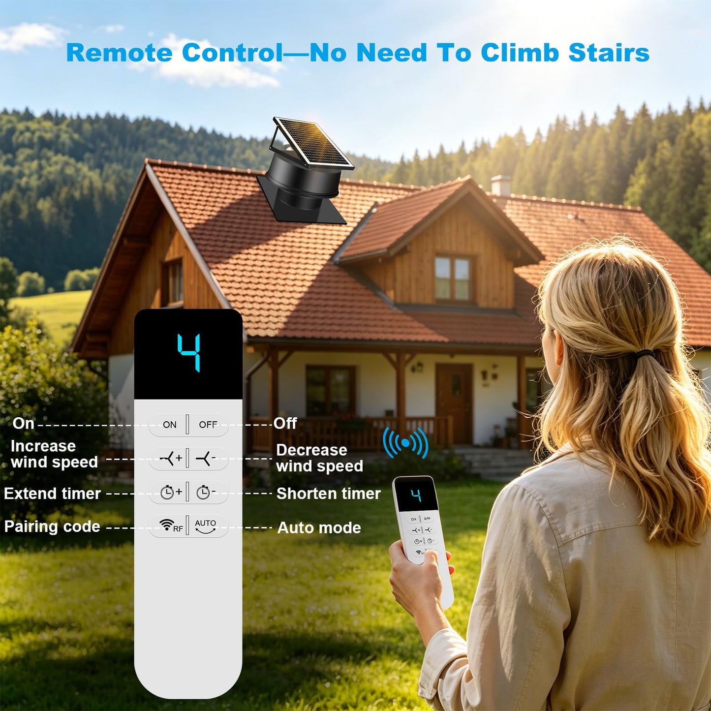 Bsteciar 42W Solar Attic Fan with Thermostat and Remote Contorl 2100 CFM Solar Roof Exhaust Fan – Solar Powered + DC Compatible, Low Noise Weatherproof Ventilation for Home, Garage, Shed, Warehouse
