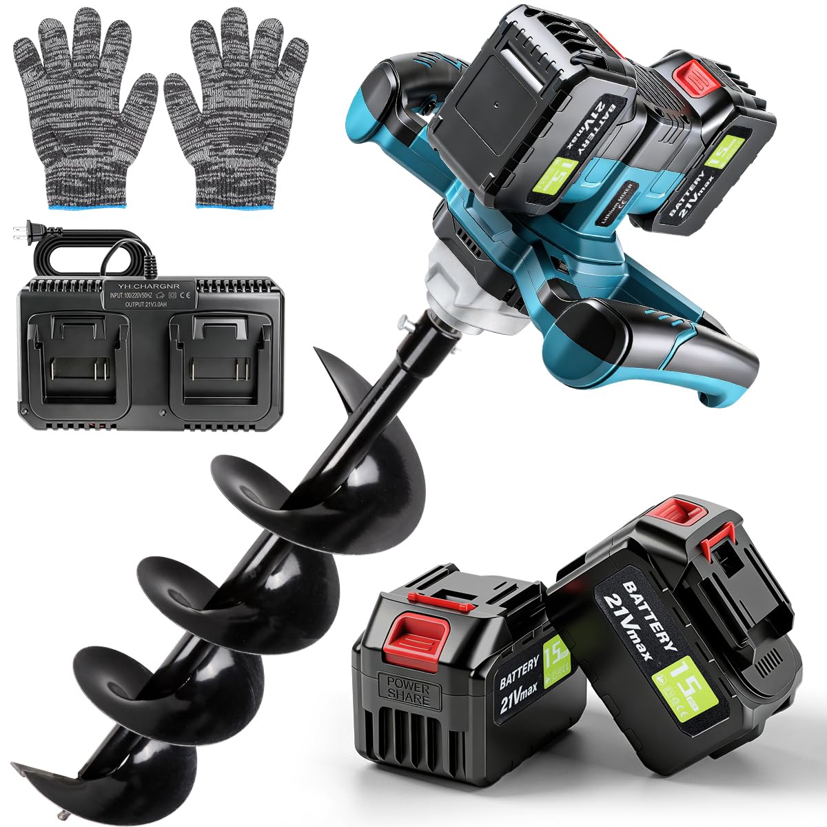 Post Hole Digger,Cordless Earth Auger,Electric Earth Auger,Includes 1twist drill bit with two batteries and one charger,With forward/reverse function，for Post Hole Digging, Drilling,Tree PlantingPlant