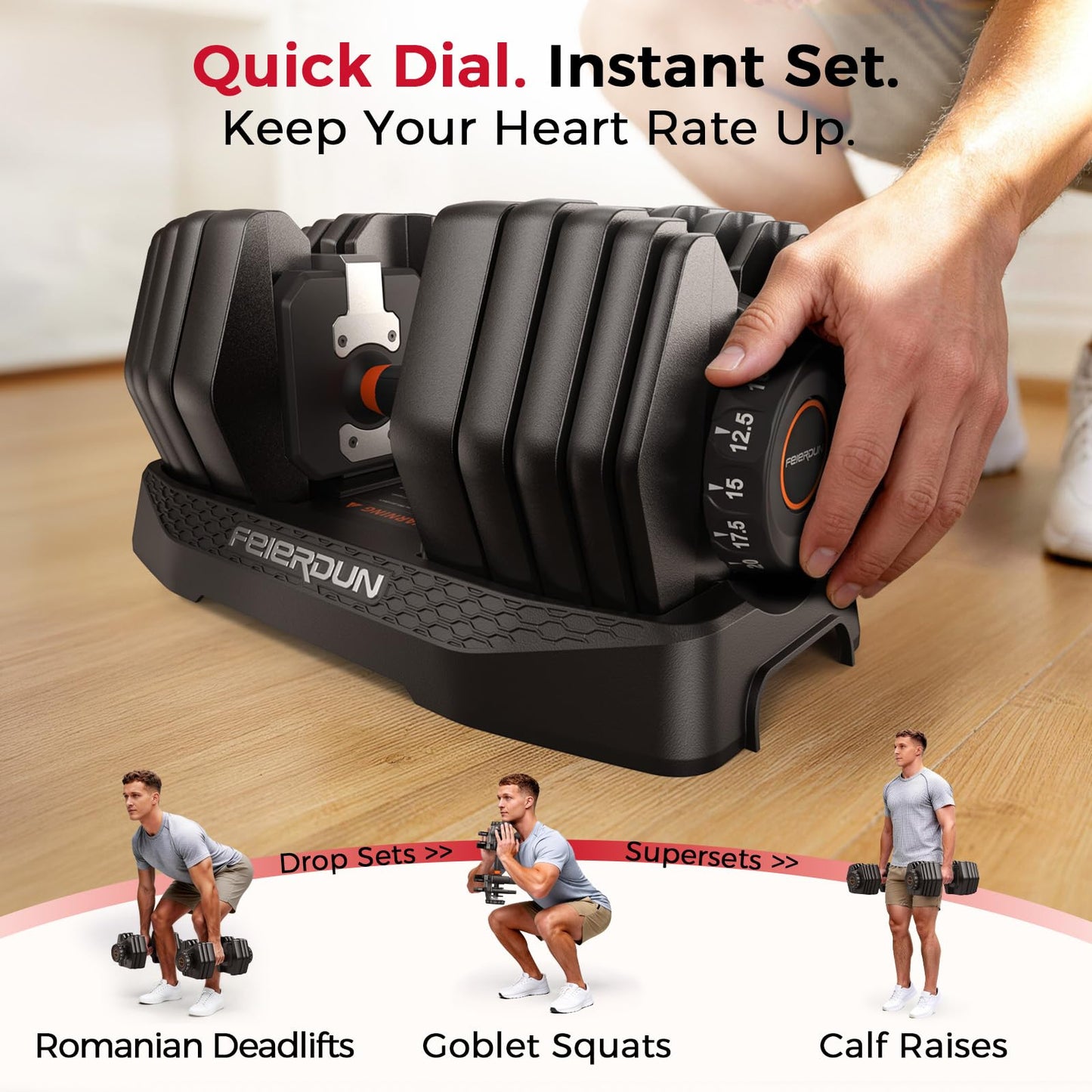 FEIERDUN DB1 QuickDial Adjustable Dumbbell Set, 15-in-1 Adjustable Weights with Storage Box & App, 105lb/52.5lb Quick Change for Drop Set, Superset & HIIT Home Gym, Non-Slip Handles, 3-year Aftersale Service