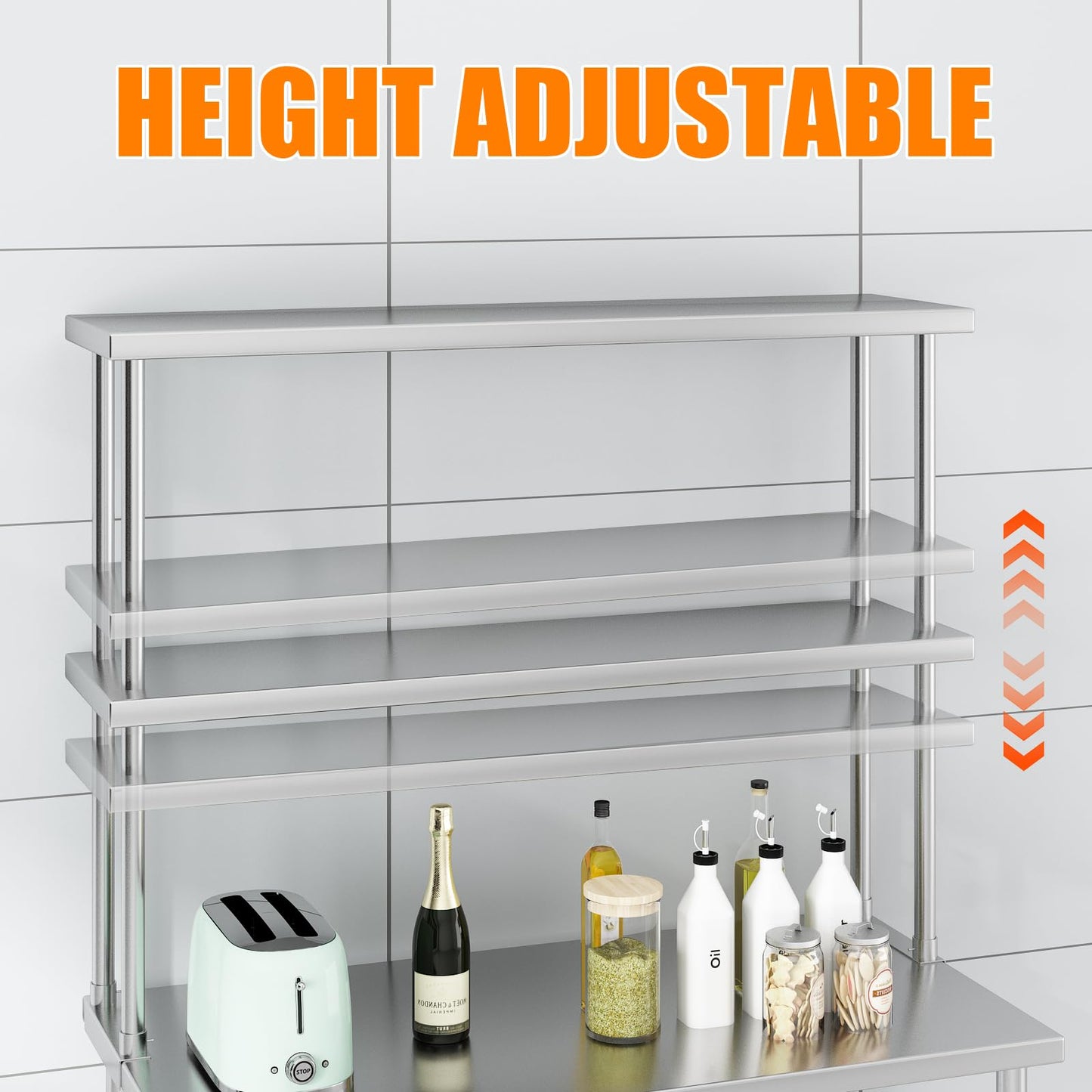 Garvee 12 in x48 in Stainless Steel Overshelf for Prep & Work Table, 360 LB Capacity Commercial 2 Tier Worktable Shelf, Adjustable Double Overshelf for Restaurant, Kitchen, Garage, Workshop