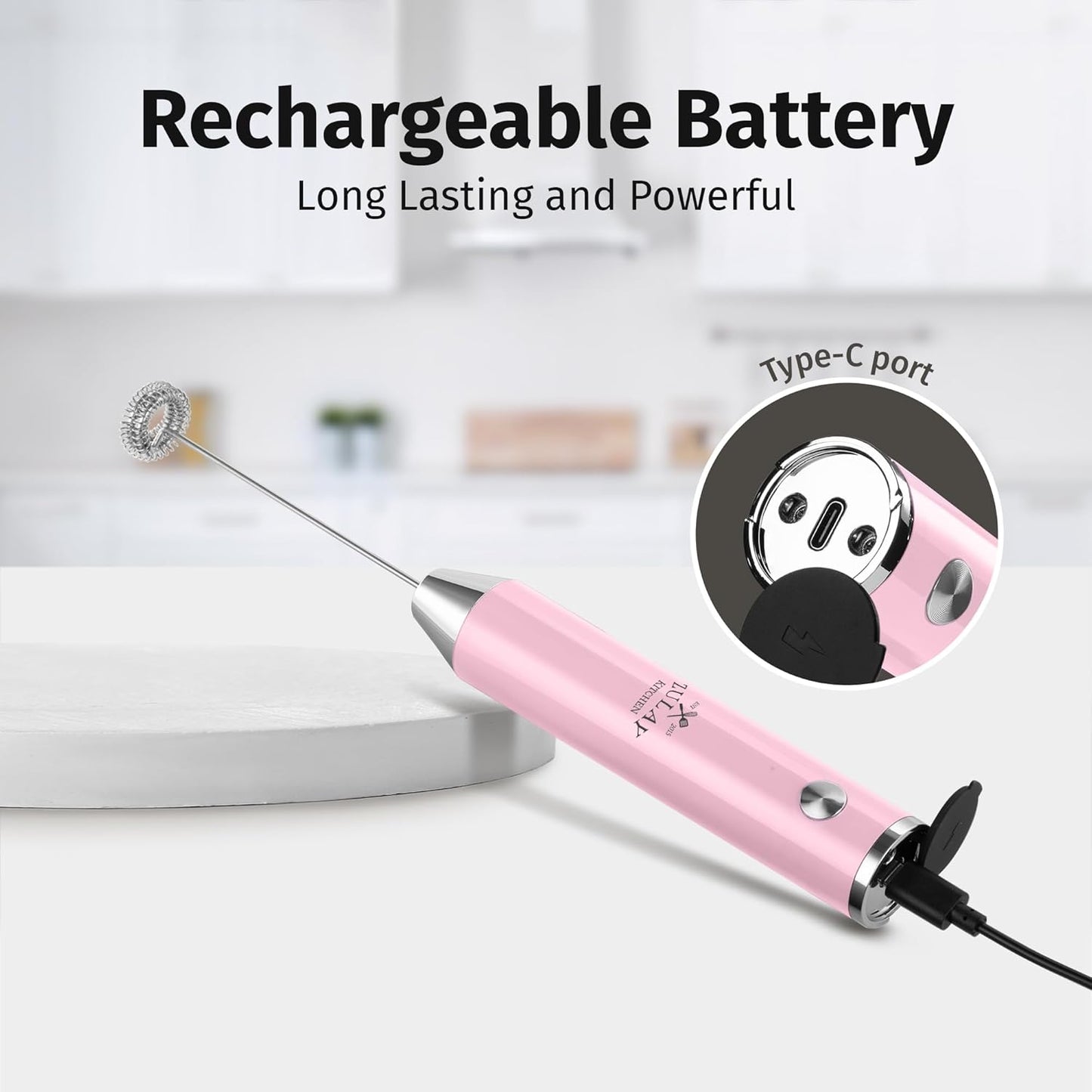Zulay Kitchen Rechargeable Milk Frother - Powerful 2-Speed Motor, Waterproof, 2000mAh Battery | Pink Bubblegum Drink Mixer for Latte, Cappuccino & Matcha