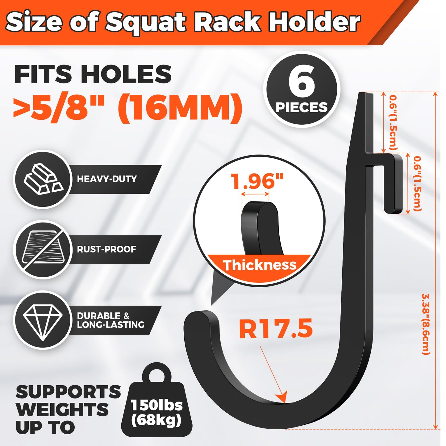 ViewKurM 6 PCS J Hooks for Squat Rack,Power Rack Attachments for Home Gym Storage,Portale Squat Rack Accessories, Storage Hook Holder for Resistance Bands, Barbell Collars and Gym Accessories