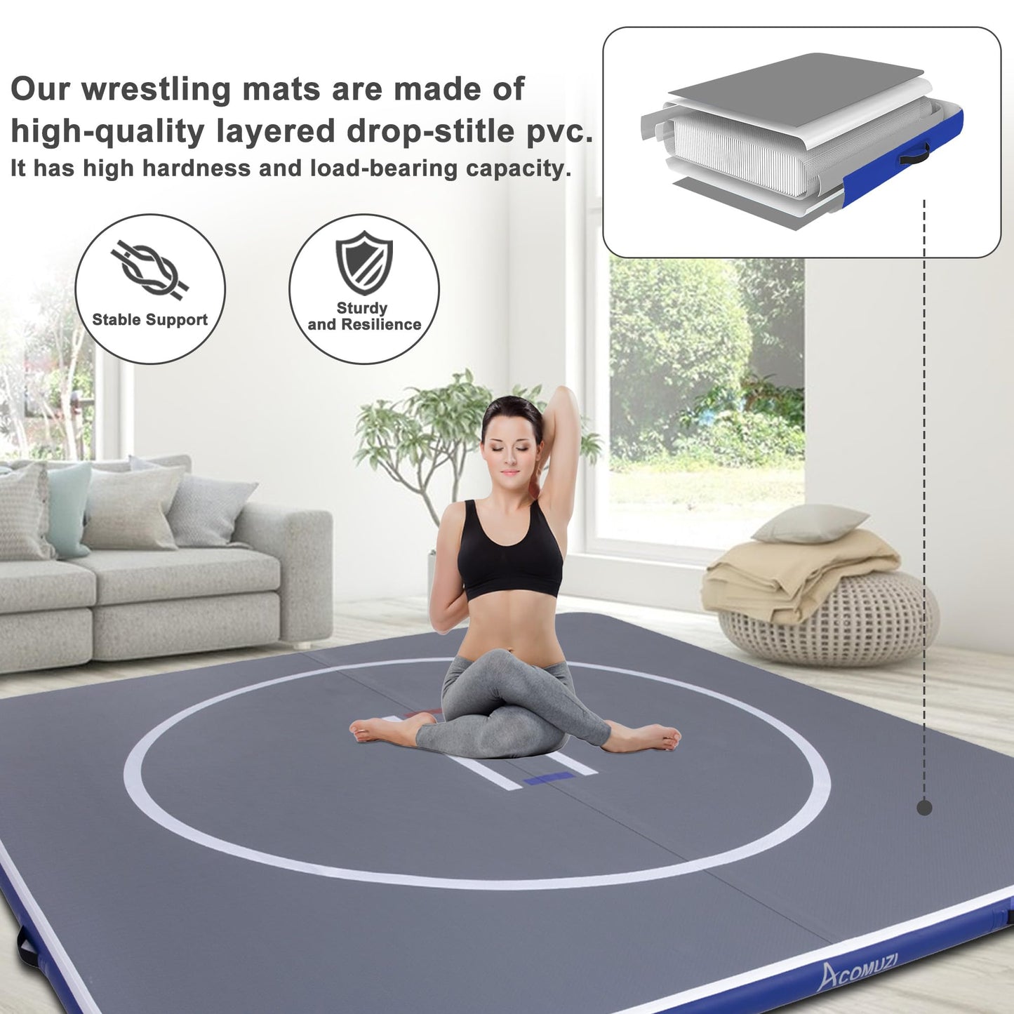 ACOMUZI Inflatable Wrestling Mat 13FT/10FT/5FT, Portable Jiu Jitsu Mats Wrestling Mat for Home, Outdoor or Indoor Training Mat for Water Yoga, Gymnastics, BJJ, MMA (Gray+Blue, 10×10FT×4inch)
