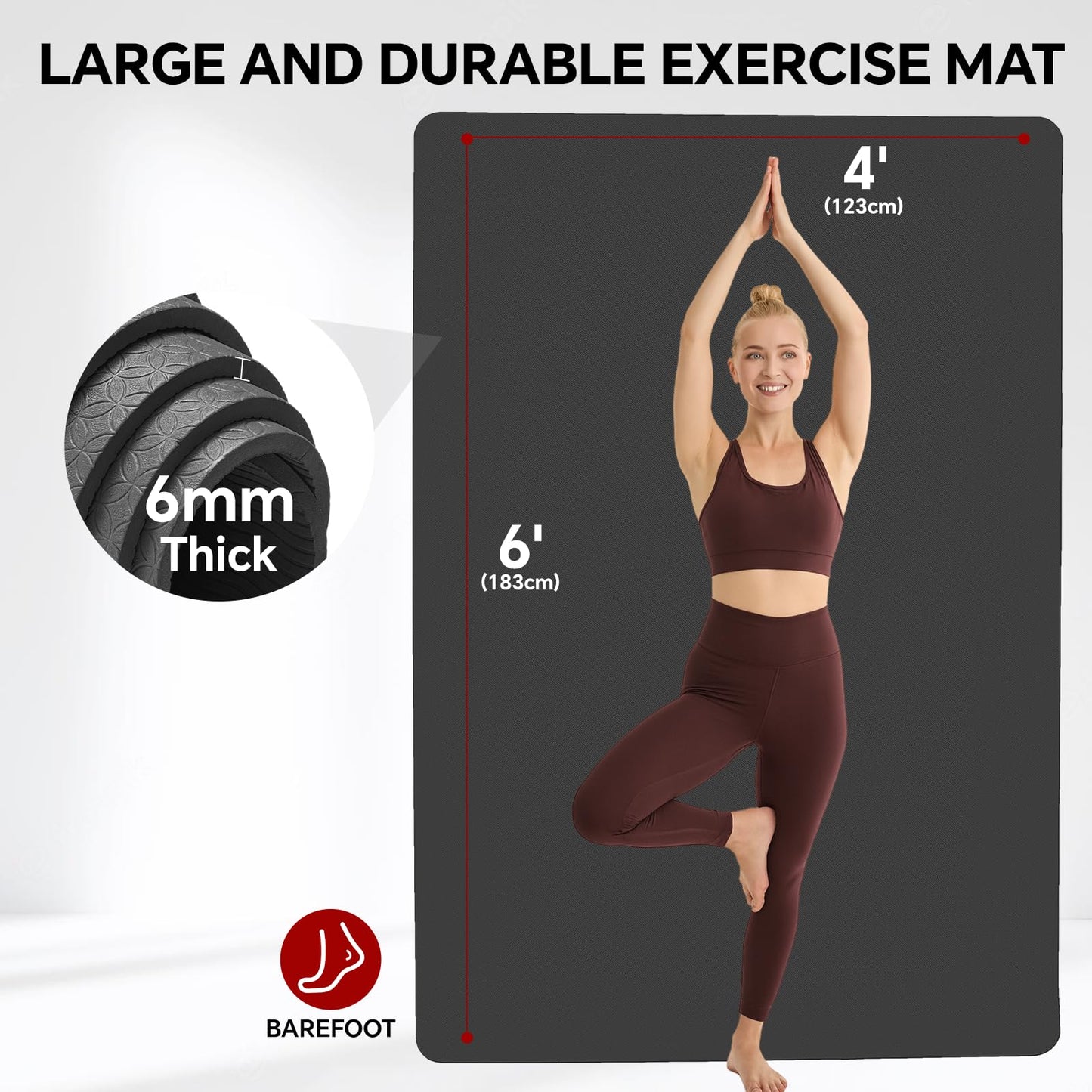 Stepwaver Extra Large Yoga Mat 6'x4'(1/4" Thick), Non-Slip, Ultra Durable, Wide Workout Mat, Wide Exercise Mats for Home Workouts, Yoga, Pilates, Stretching (Barefoot Exercise) - Black