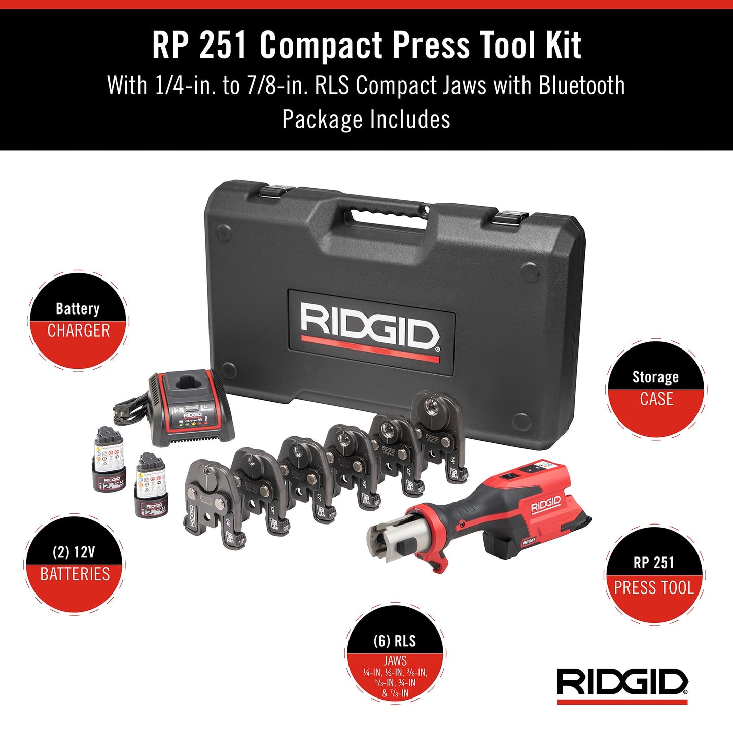 RIDGID 78248 RP 251 Compact Press Tool Battery Kit with RLS Jaws (1/4" to 7/8"), In-Line Pressing Tool for Copper, Stainless Steel, PEX, and Carbon Steel