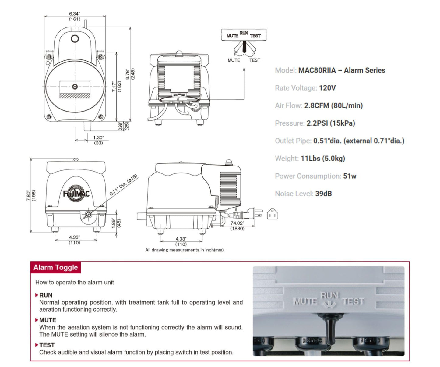 FUJIMAC 80RIIA Alarm Series Pond or Septic Air Pump | Mid-to-High Capacity Linear Diaphragm Pump for Aerobic Treatment Systems. | Quiet, Oil-Free Operation with Thermal Protection and Easy Maintenance