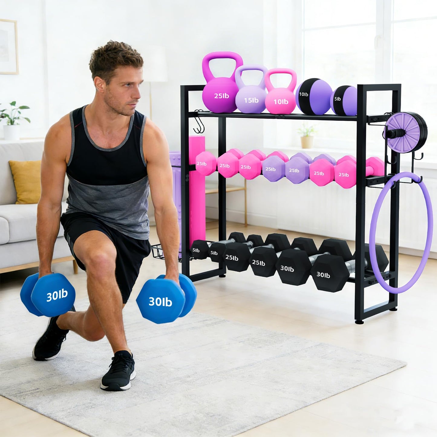 laapee 3-Tier Dumbbell Rack with 882 LBS Capacity, Multi-Purpose Weight Rack for Home Gym with Shelf and Movable Hooks, Weight Holder and Home Gym Storage Organizer for Dumbells Kettlebells Yoga Mat