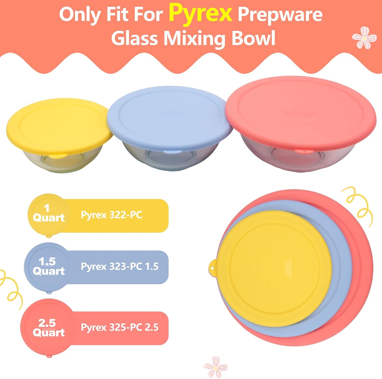 Pyrex Silicone Replacement Lids - Food Grade Covers for 1 Quart, 1.5 Quart & 2.5 Quart Bowls | Dishwasher & Microwave Safe - 3 Pack