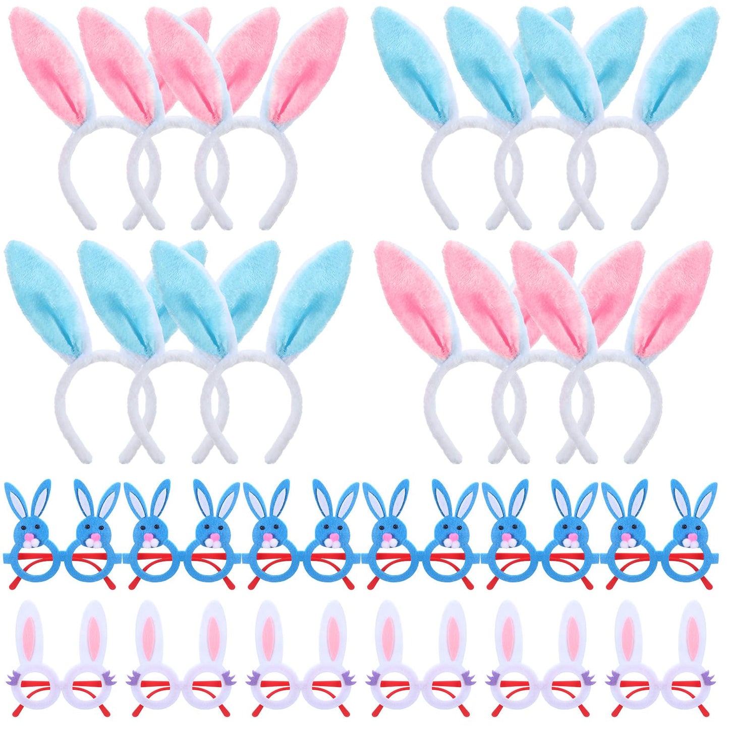 Seenelling 48 Pcs Easter Headbands and Glasses Set, Bunny Ears Bulk with Cute Bunny Glasses, Plush Spring Costume for Adults Easter Photo Props Party Favors
