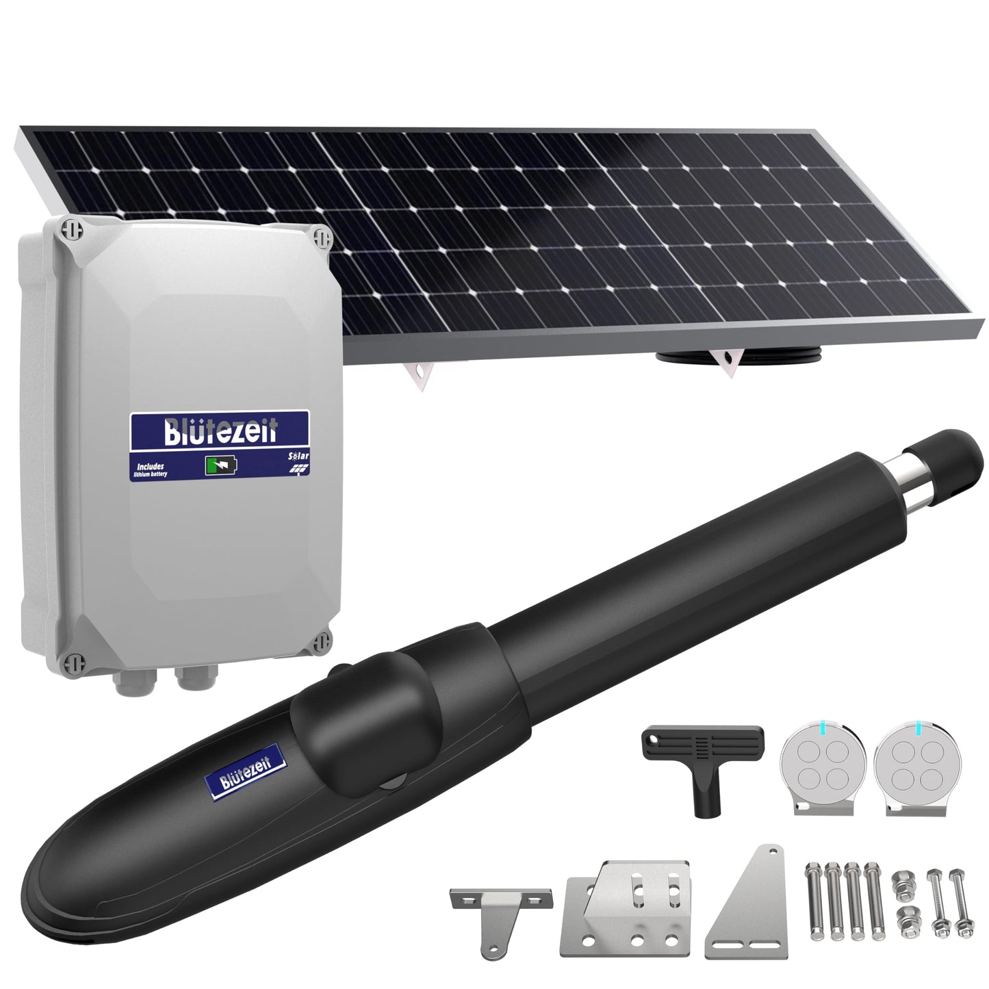 Blütezeit MS600 Solar Swing Gate Opener + Wireless Keypad Bundle – 880 lb Single-Arm Operator with Built-in 24 V Battery, 25W Solar Panel & IP54 Keypad