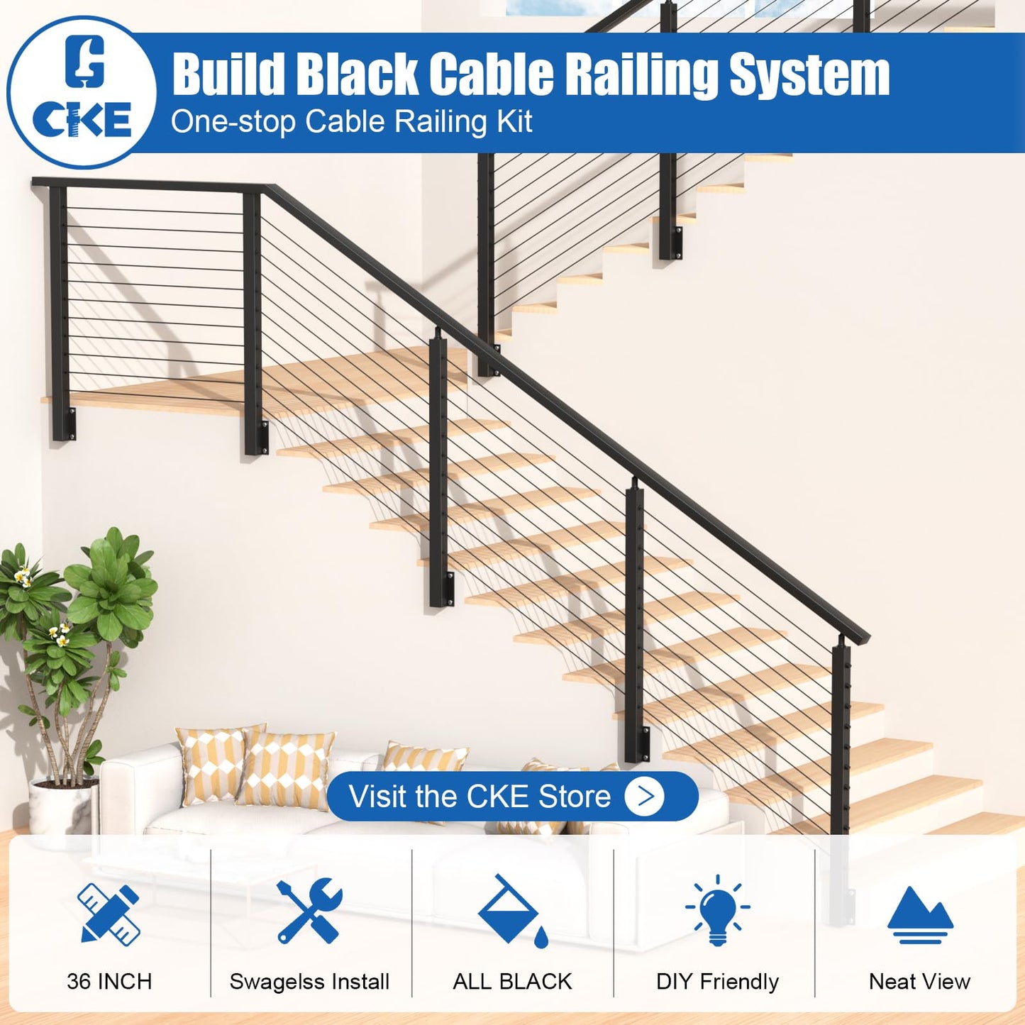 CKE Black Side Mount Stair Cable Railing Post 36 Inch (Post 44"x2"x2") for 25-35 Degrees Stair Railing, Left Side Space-Saving Stainless Steel Cable Railing System Kit Stair Post Indoor Outdoor SP03