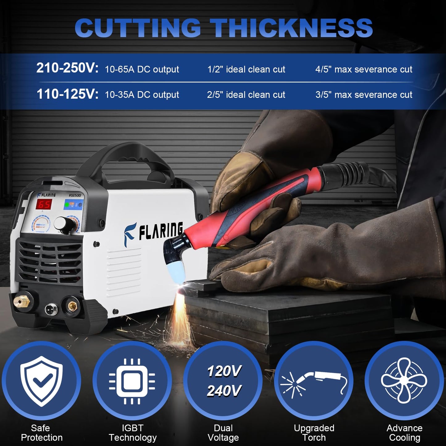 FLARING Plasma Cutter,65 Amp Plasma Cutter Machine 120V 240V 4/5" (20mm) Max Cutting 1/2" (12.7mm) Clean Cut IGBT High Frequency Inverter Touch ARC Plasma Cutter with Consumable Set Update 5th FC650D